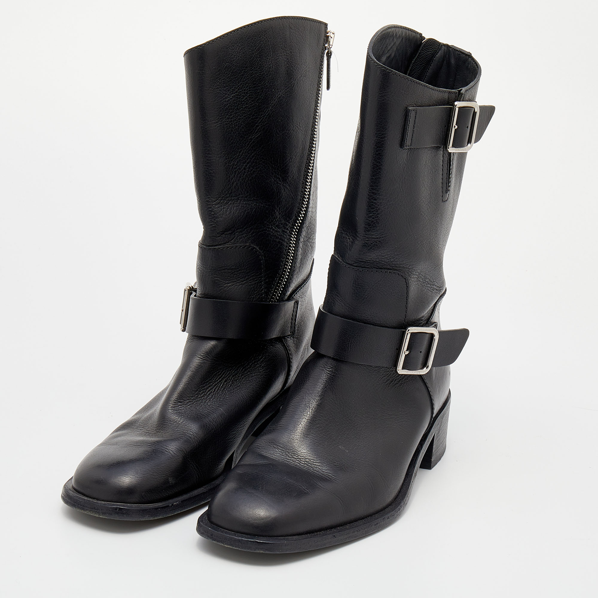 

Chanel Black Leather Double Buckle CC Ankle Length Boots Size