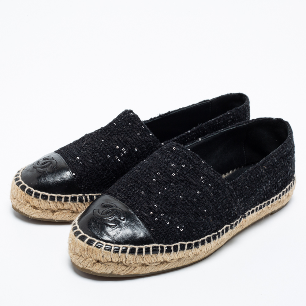 

Chanel Black Tweed And Leather CC Cap Toe Espadrille Flats Size