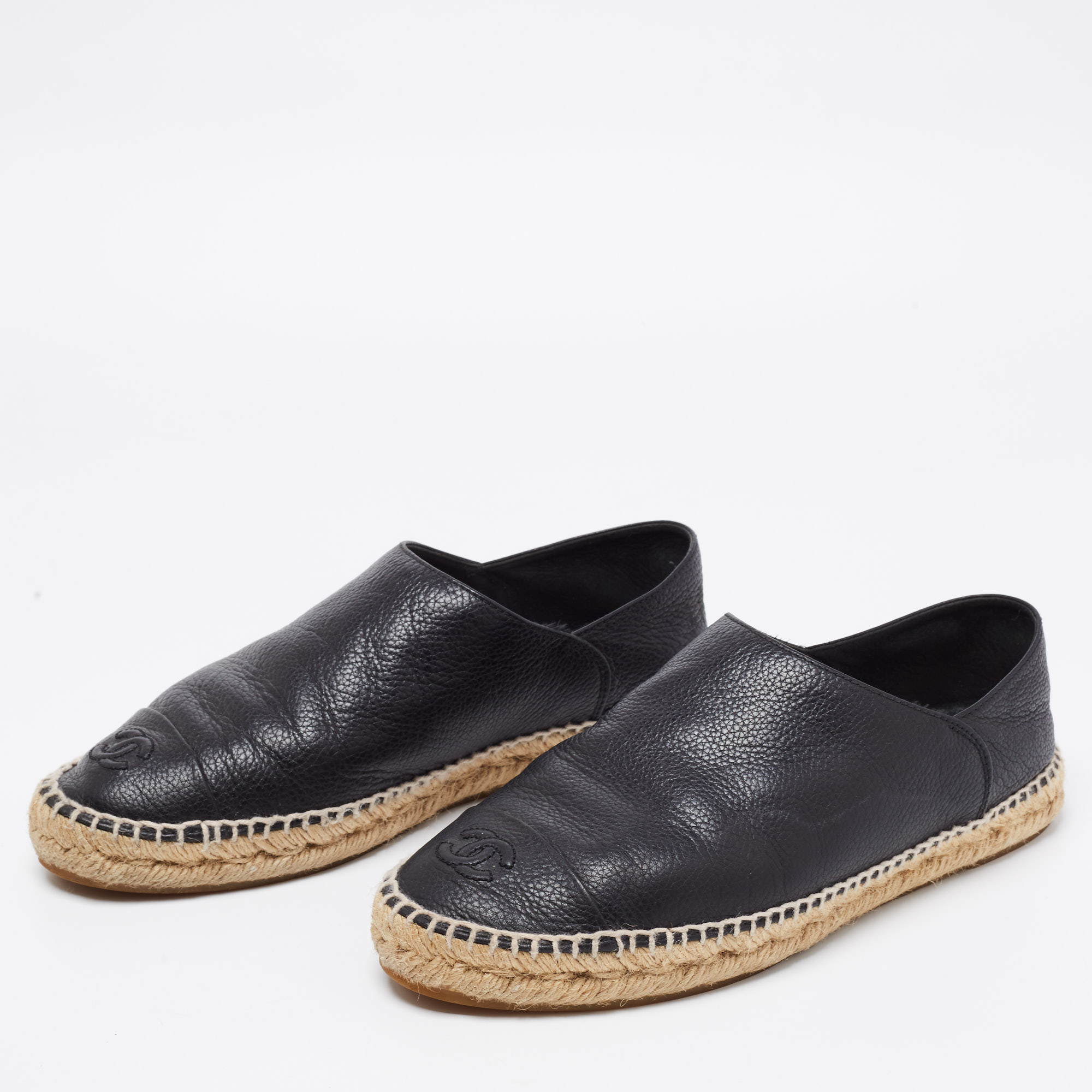 

Chanel Black Leather CC Cap Toe Slip On Espadrille Flats Size