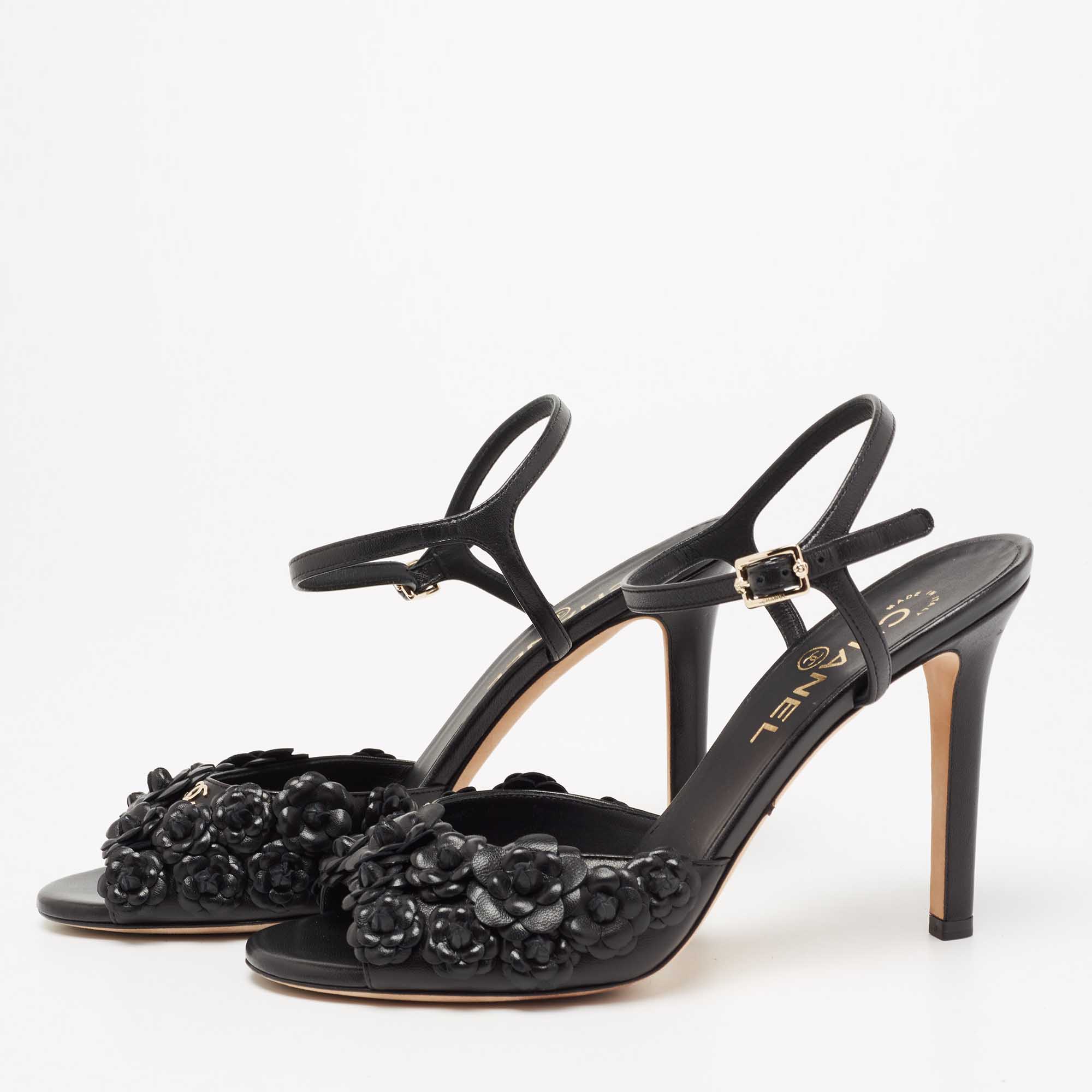 

Chanel Black Leather Camellia Applique Ankle Strap Sandals Size