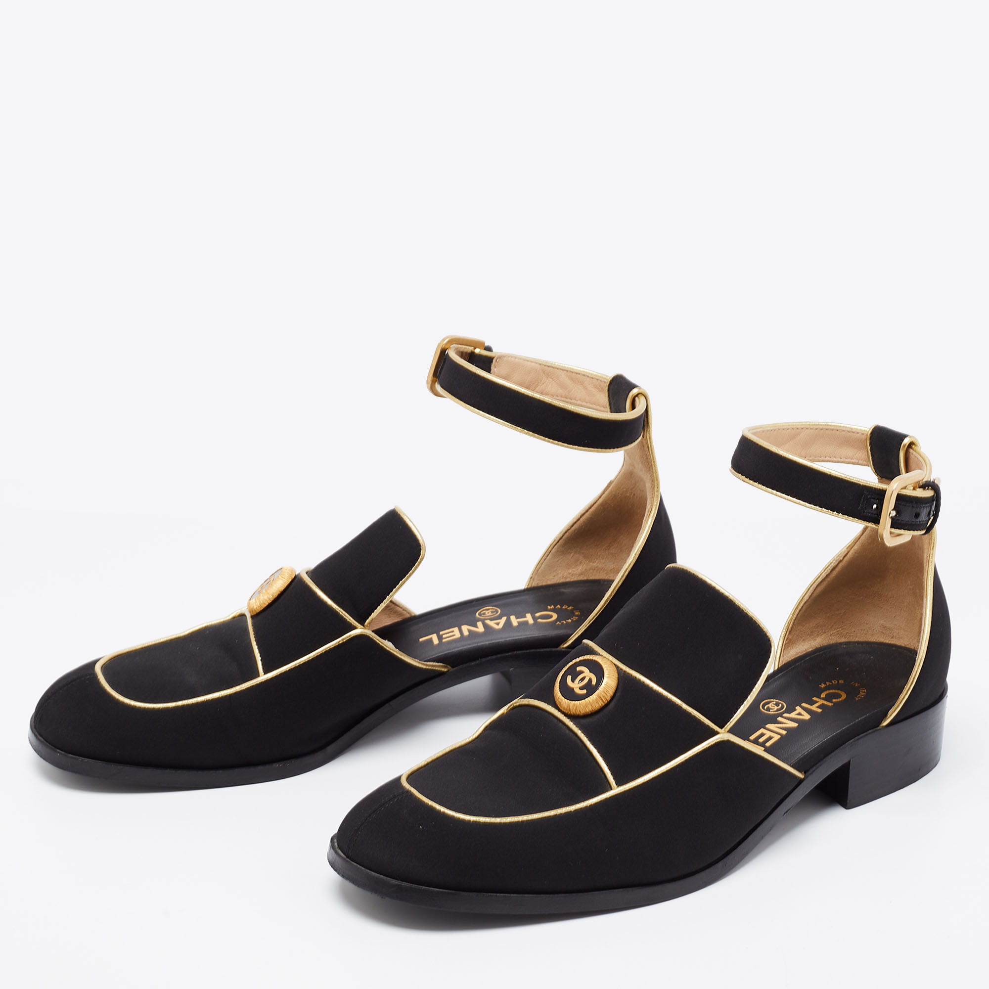 

Chanel Black/Gold Canvas And Leather Ankle Flats Size