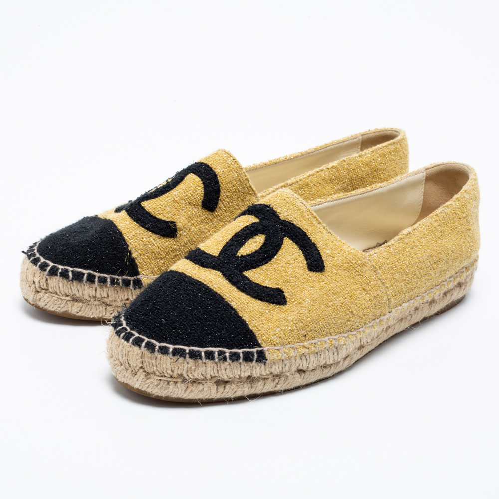 

Chanel Beige/Black Tweed CC Espadrille Flats Size, Gold