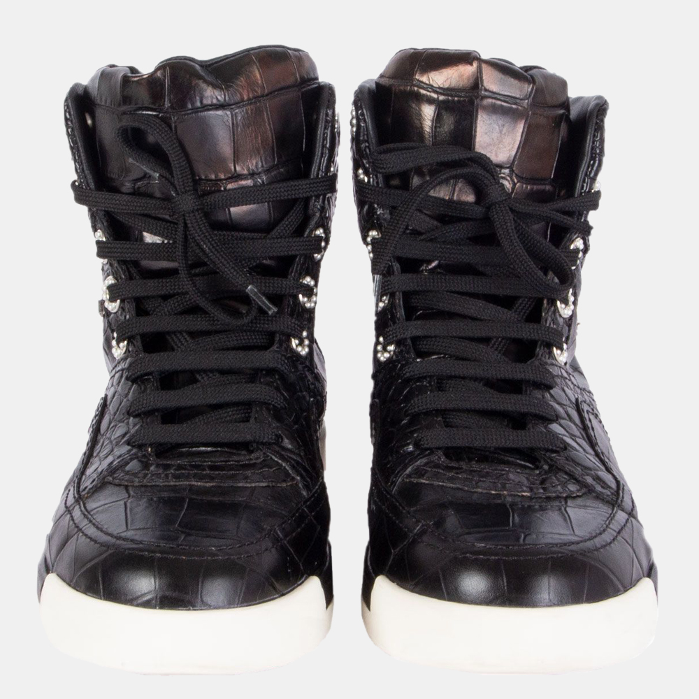 

Chanel Black Crocodile Embossed High Top Sneakers EU