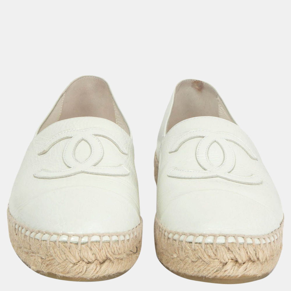 

Chanel White Glazed White Leather CC Espadrilles Size EU