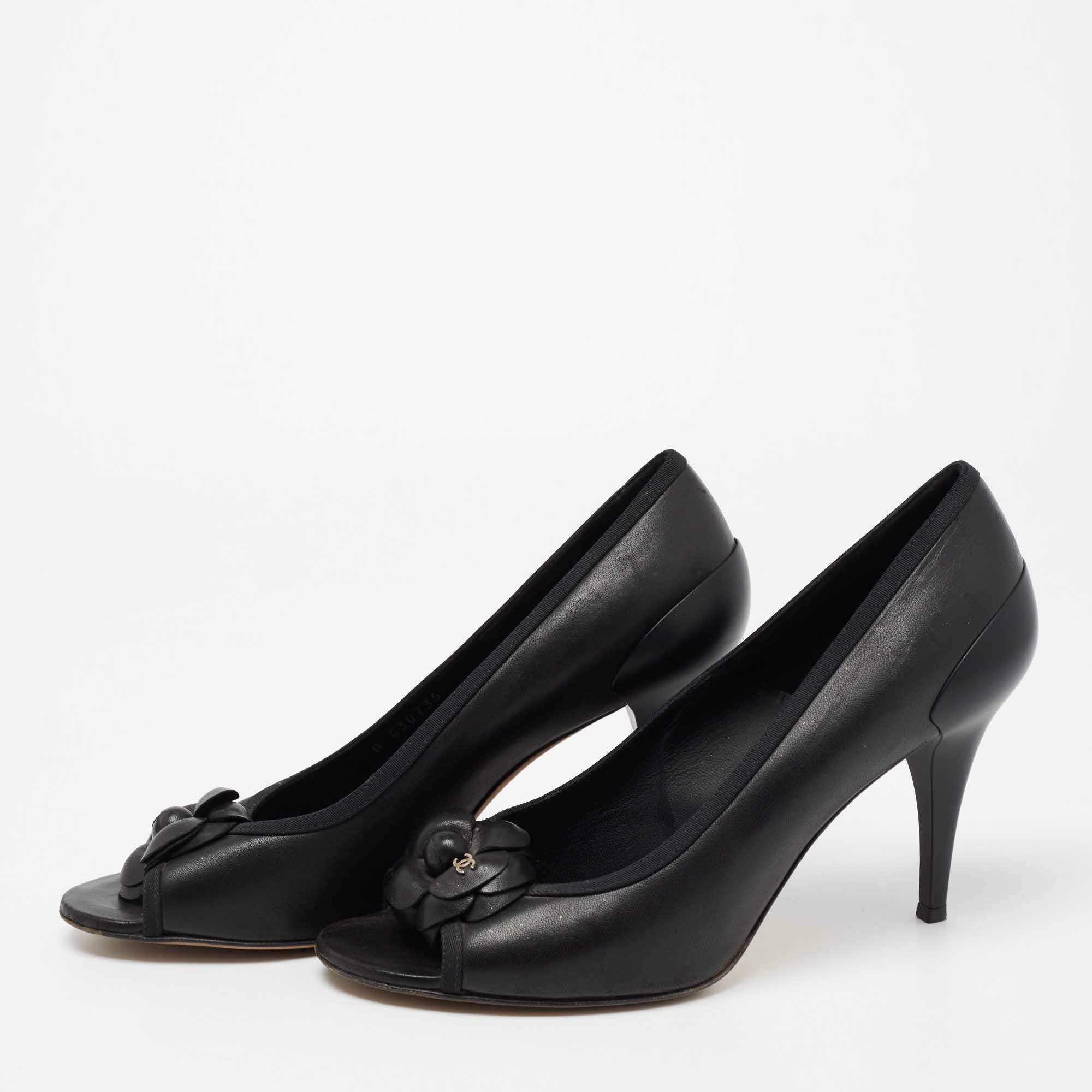 

Chanel Black Leather CC Camellia Peep Toe Pumps Size