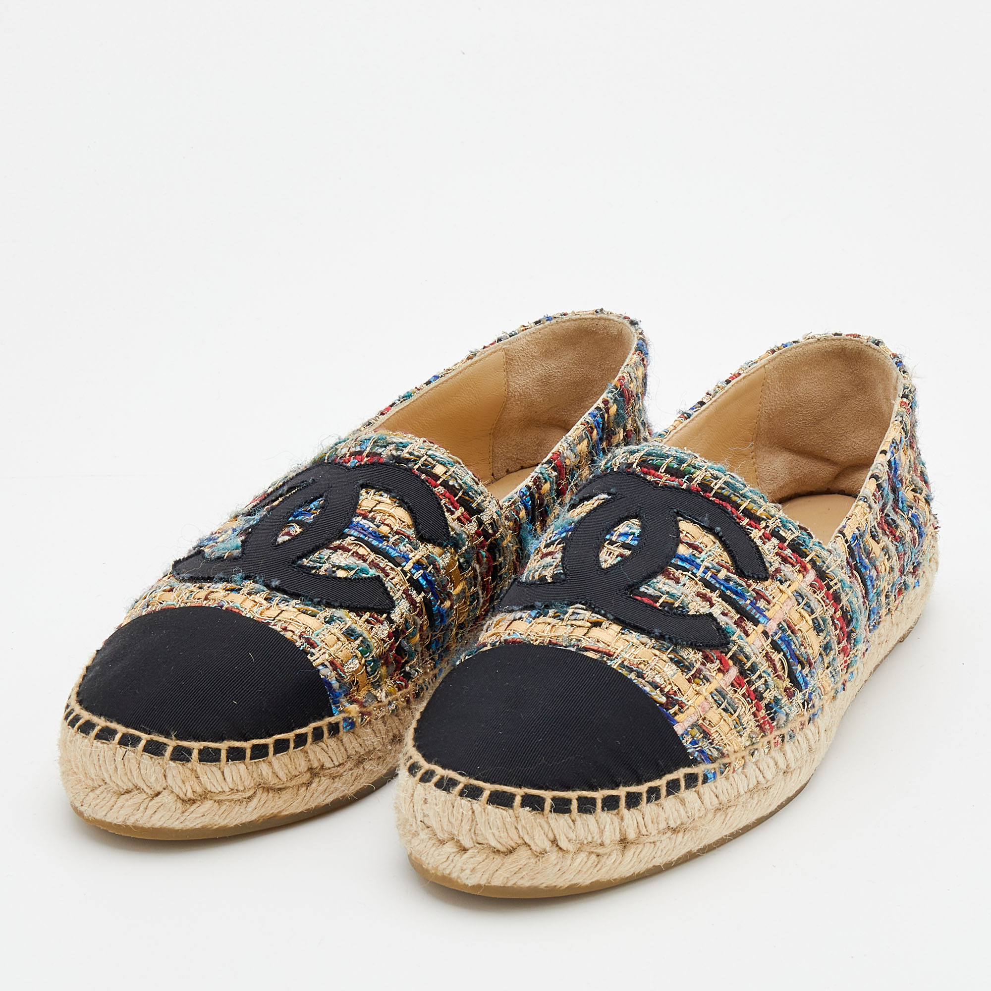 

Chanel Multicolor Tweed And Grosgrain CC Cap Toe Espadrille Flats Size