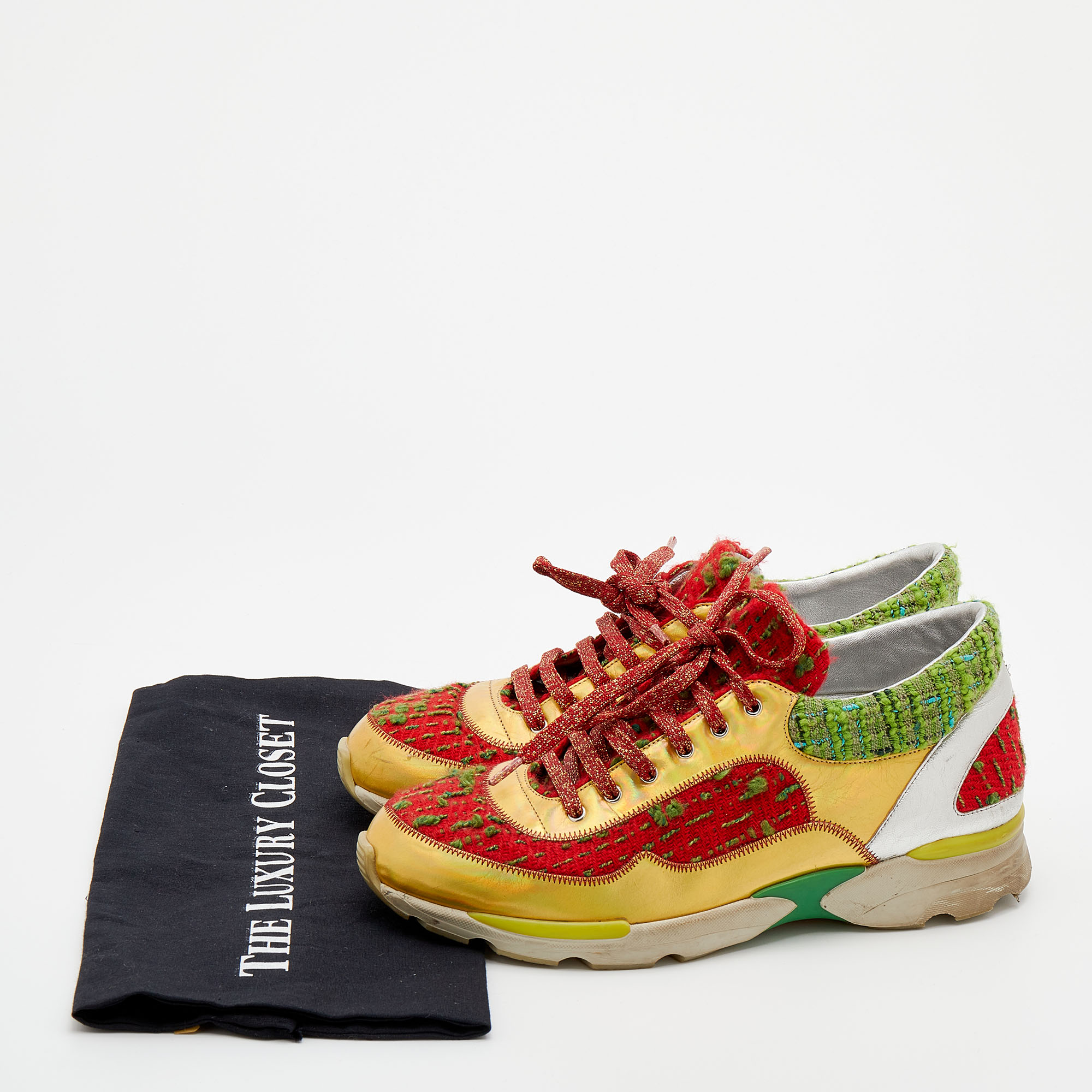 Chanel Multicolor Tweed Fabric And Leather CC Lace Up Sneakers Size 40 