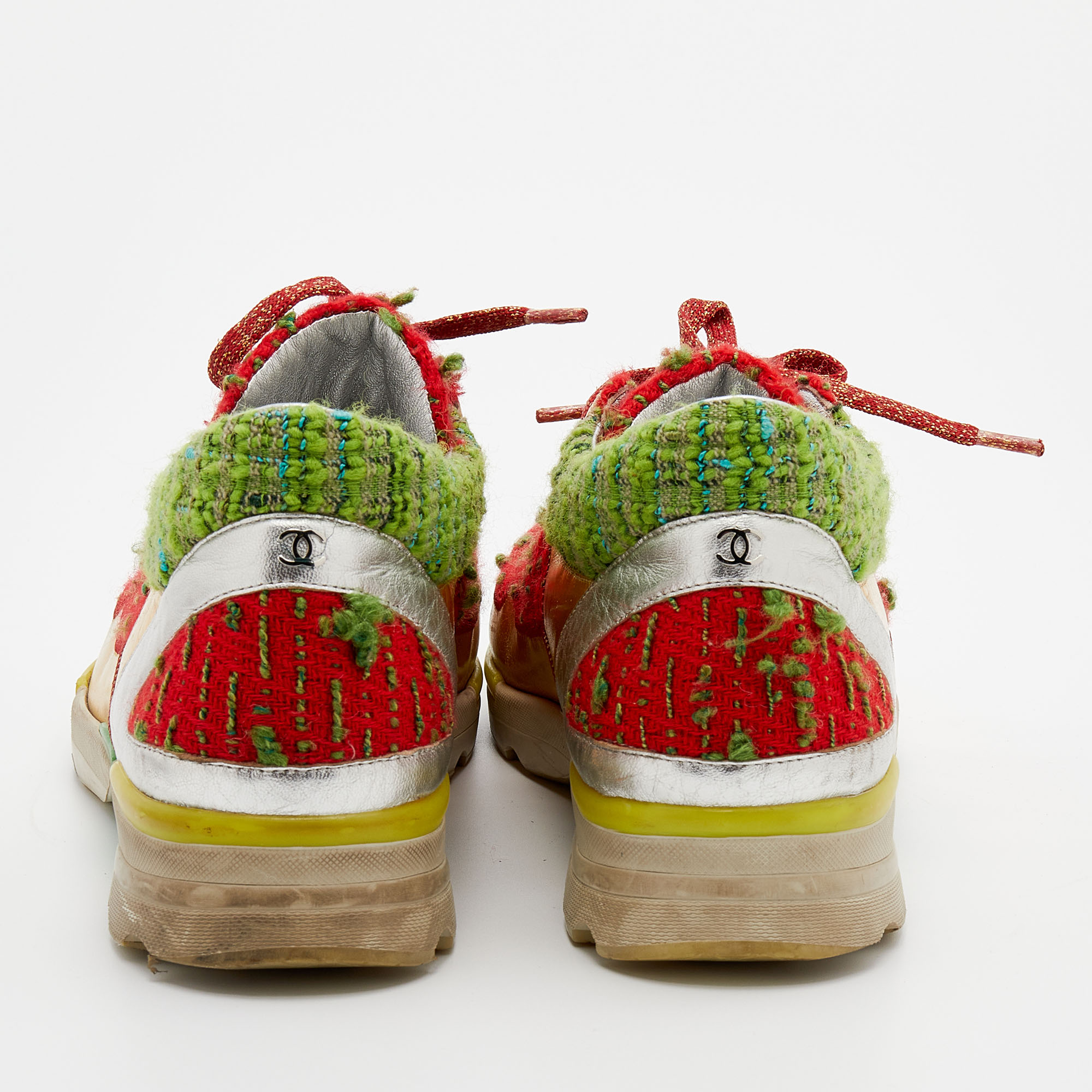 Chanel Multicolor Tweed Fabric And Leather CC Lace Up Sneakers Size 40 
