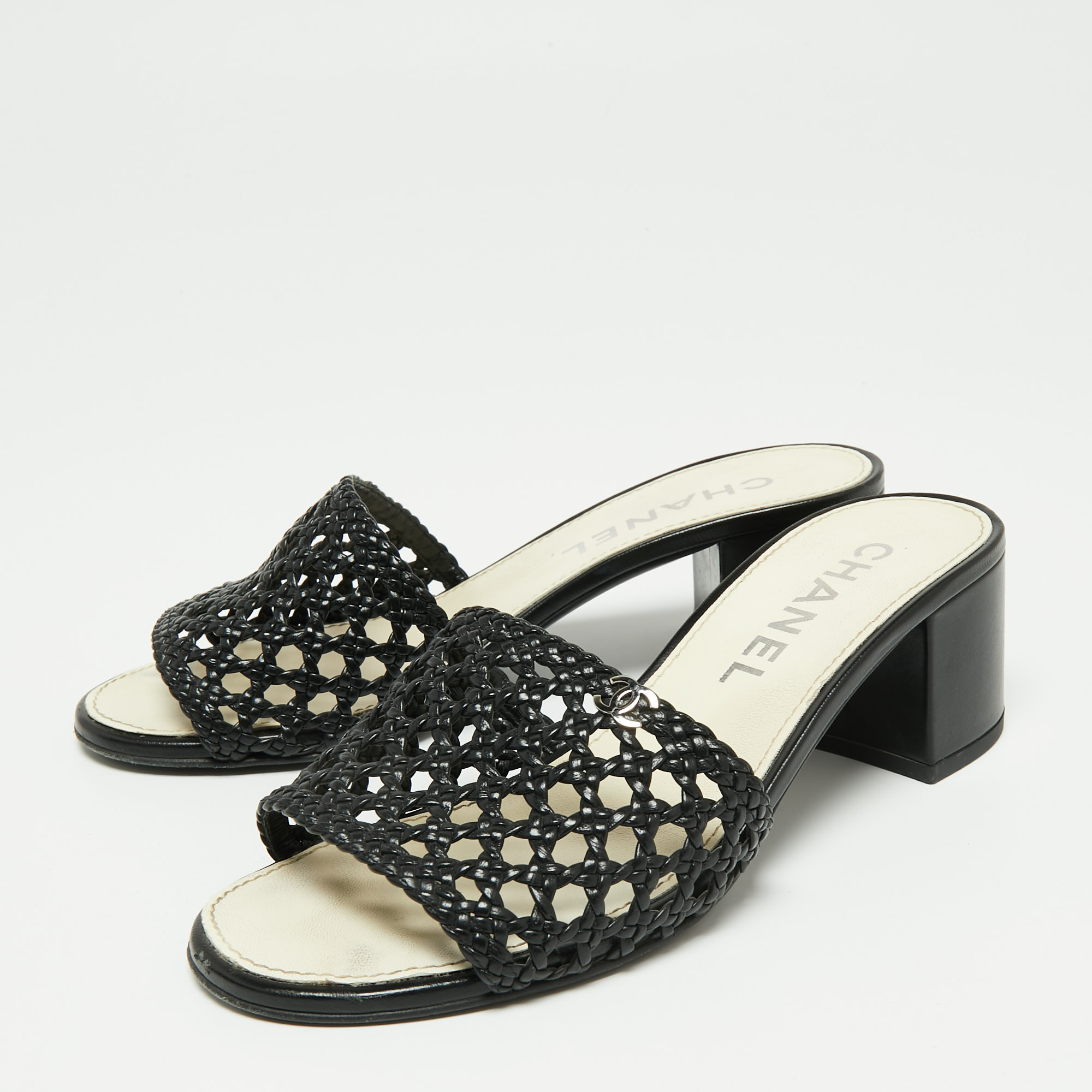 

Chanel Black Braided Leather Slide Sandals Size