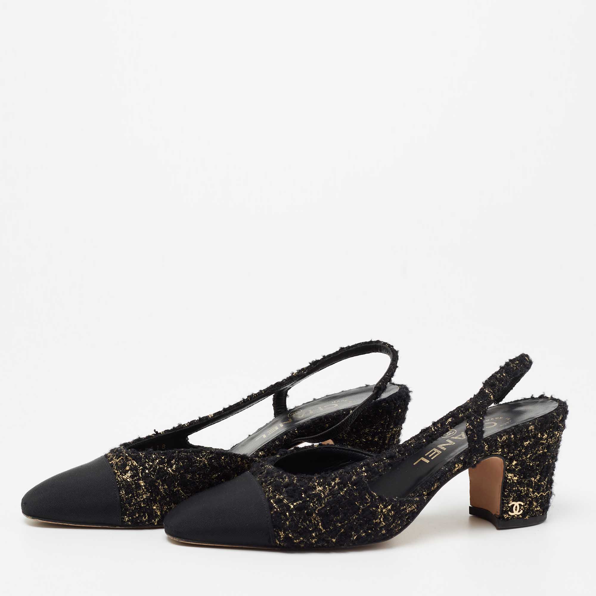 

Chanel Black/Gold Tweed and Fabric CC Slingback Pumps Size