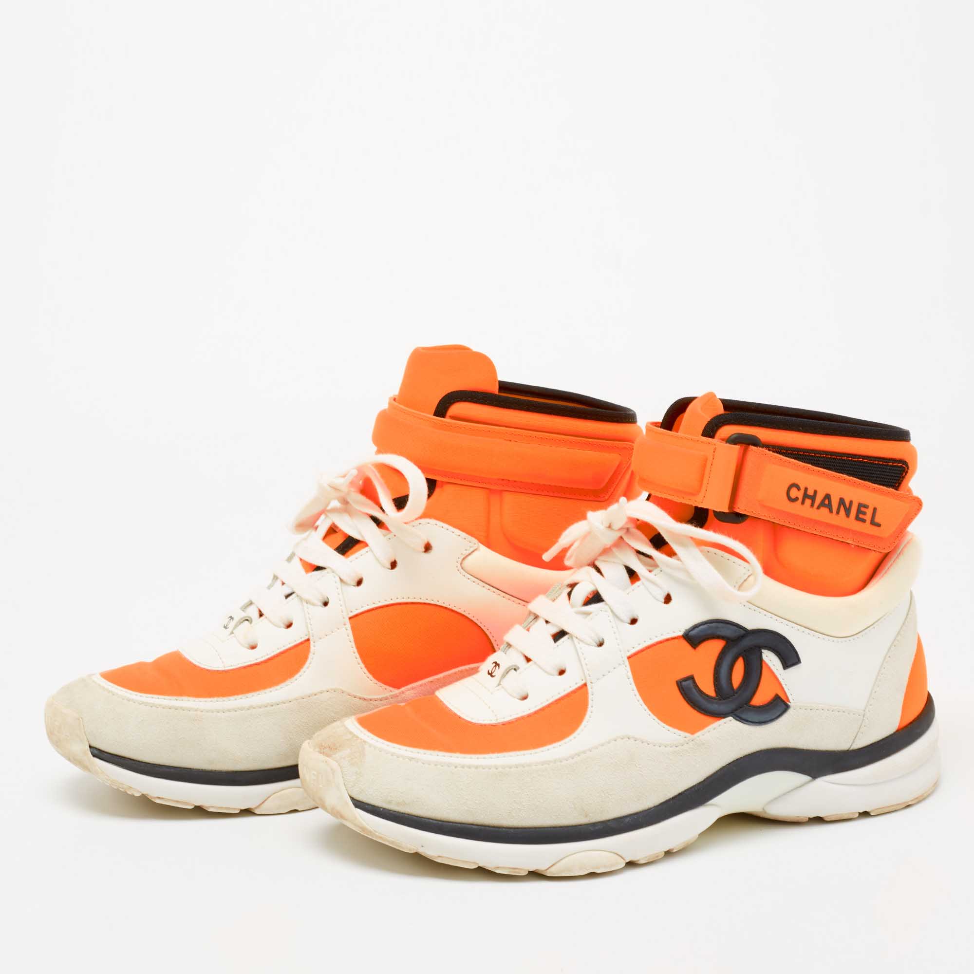 

Chanel White/Orange Fabric And Leather CC High Top Sneakers Size
