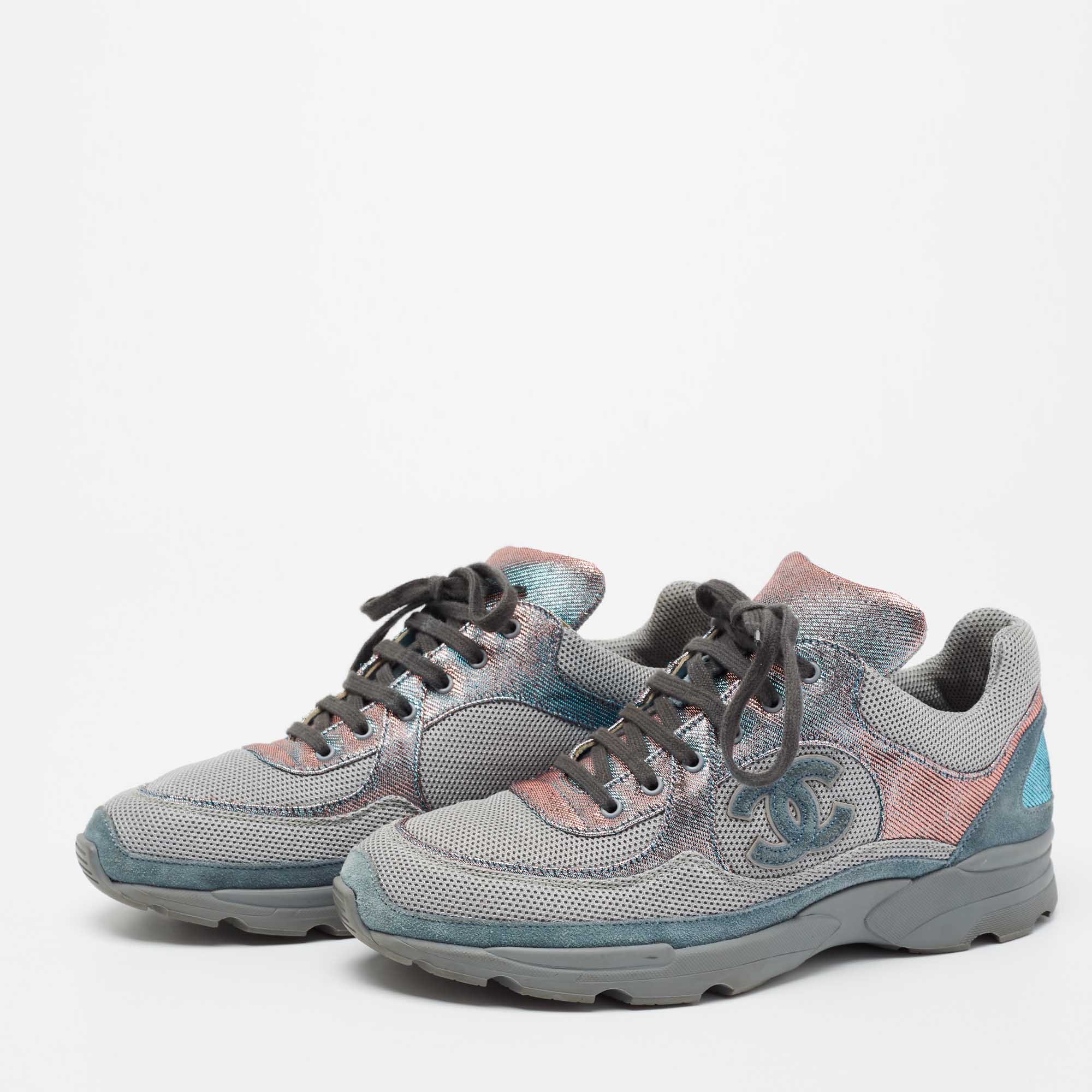 Chanel Grey/Two-Tone Mesh and Lurex Fabric CC Low Top Sneakers Size