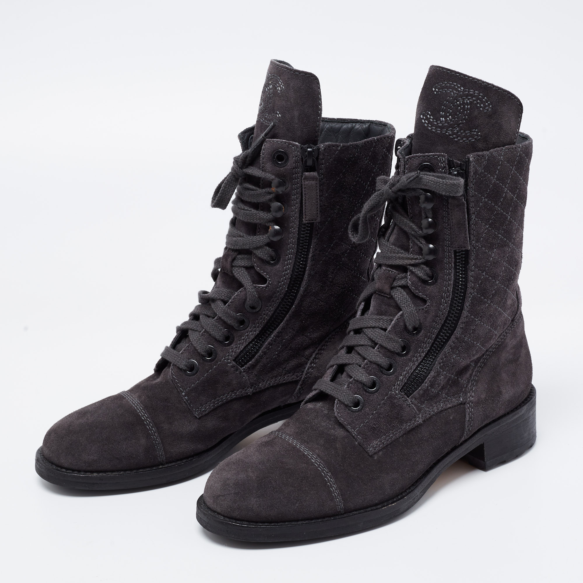 

Chanel Dark Grey Suede Interlocking CC Logo Combat Boots Size