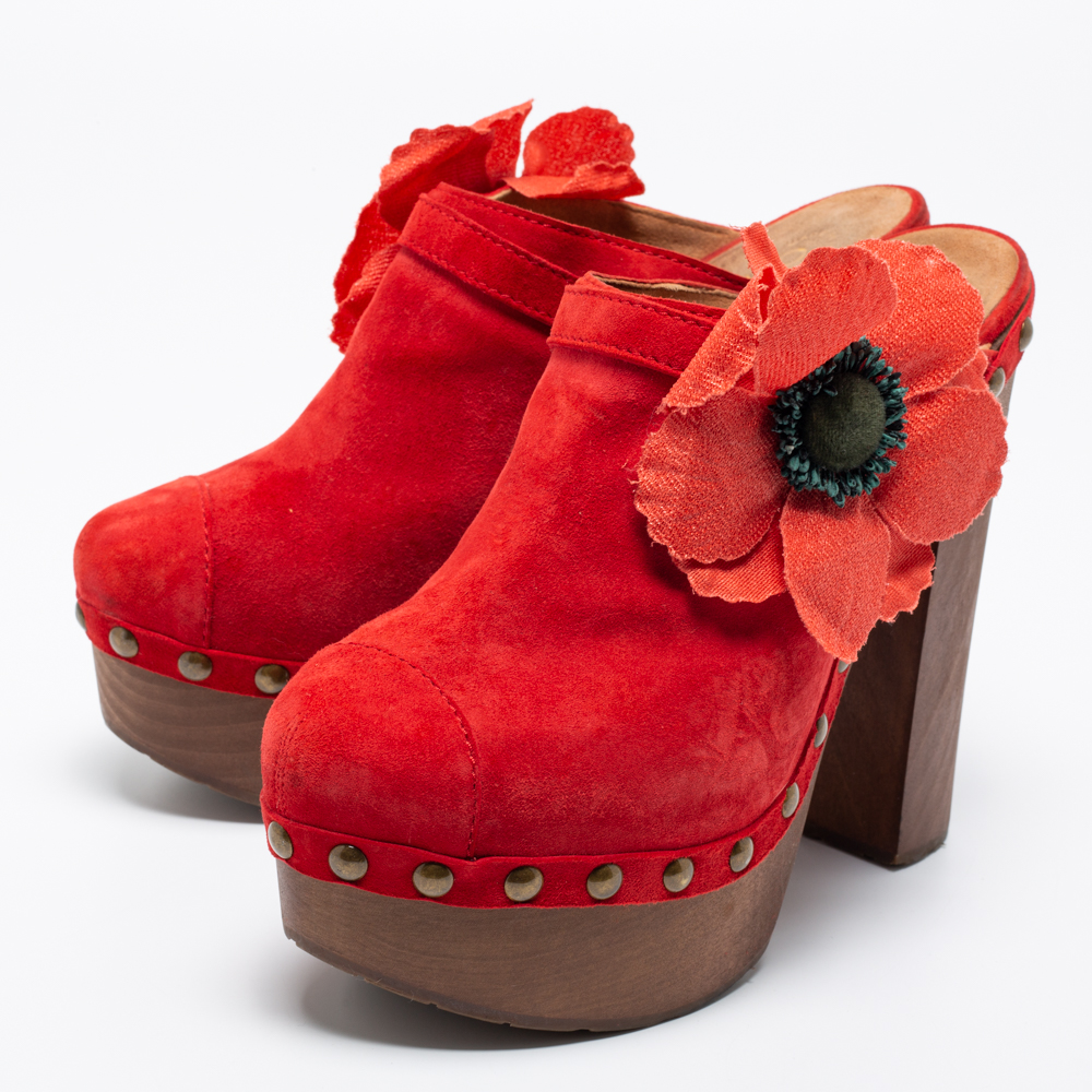

Chanel Red Suede Camellia Embellished Wooden Clogs Size