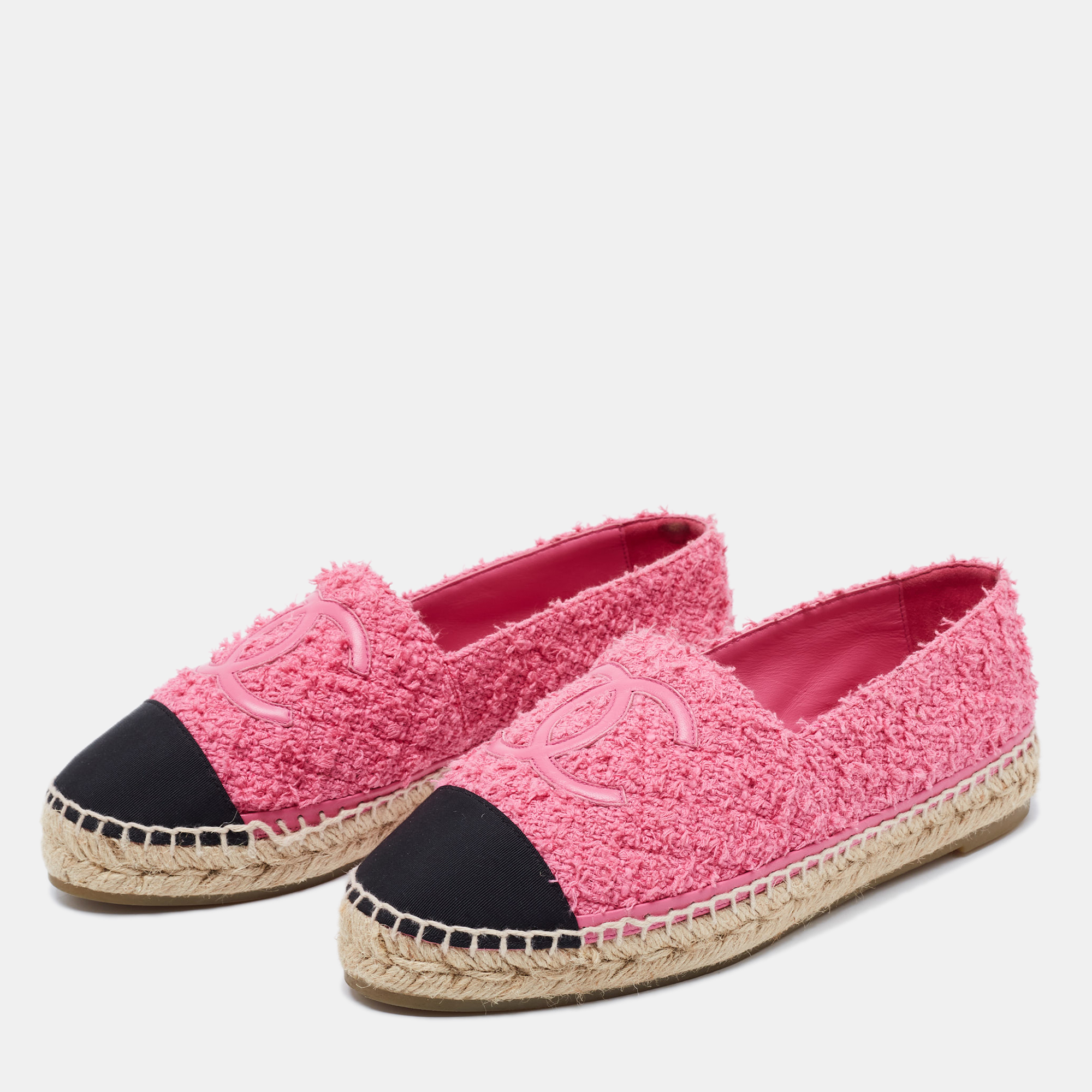 

Chanel Pink Tweed Cap Toe CC Espadrille Flats Size