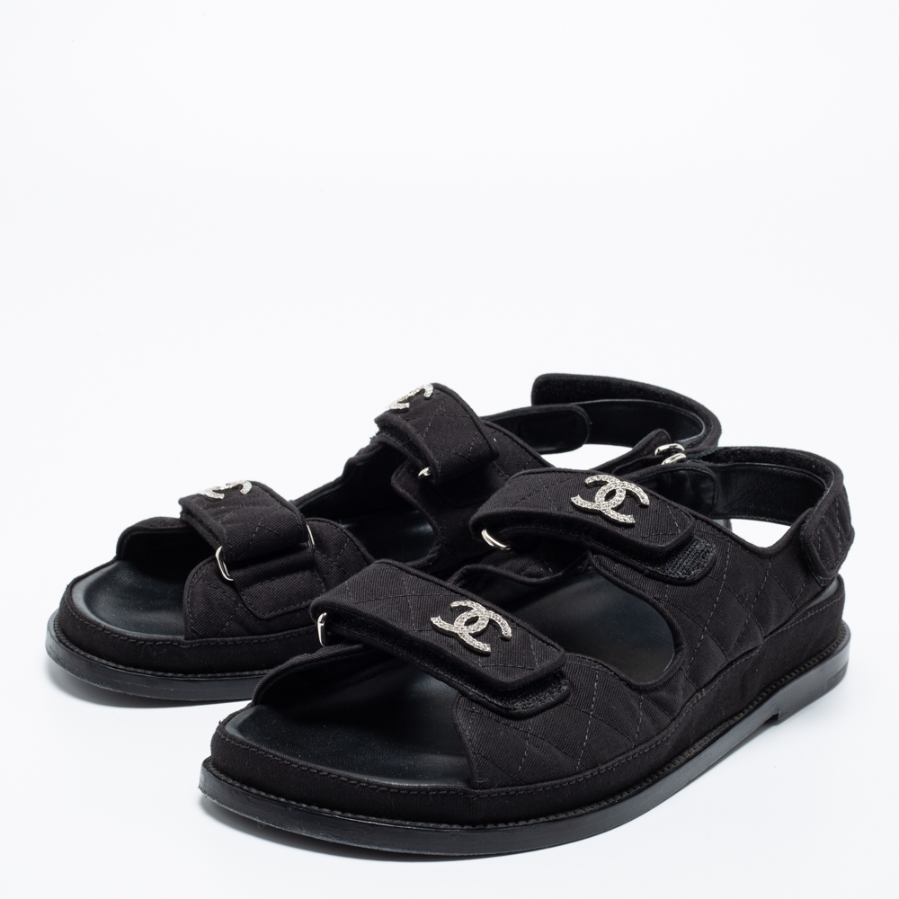 

Chanel Black Quilted Fabric CC Velcro Dad Flat Sandals Size
