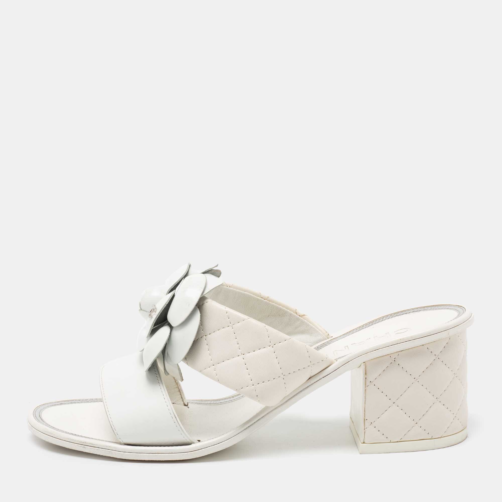 Chanel White Leather Camelia Block Heel Slide Sandals Size 36