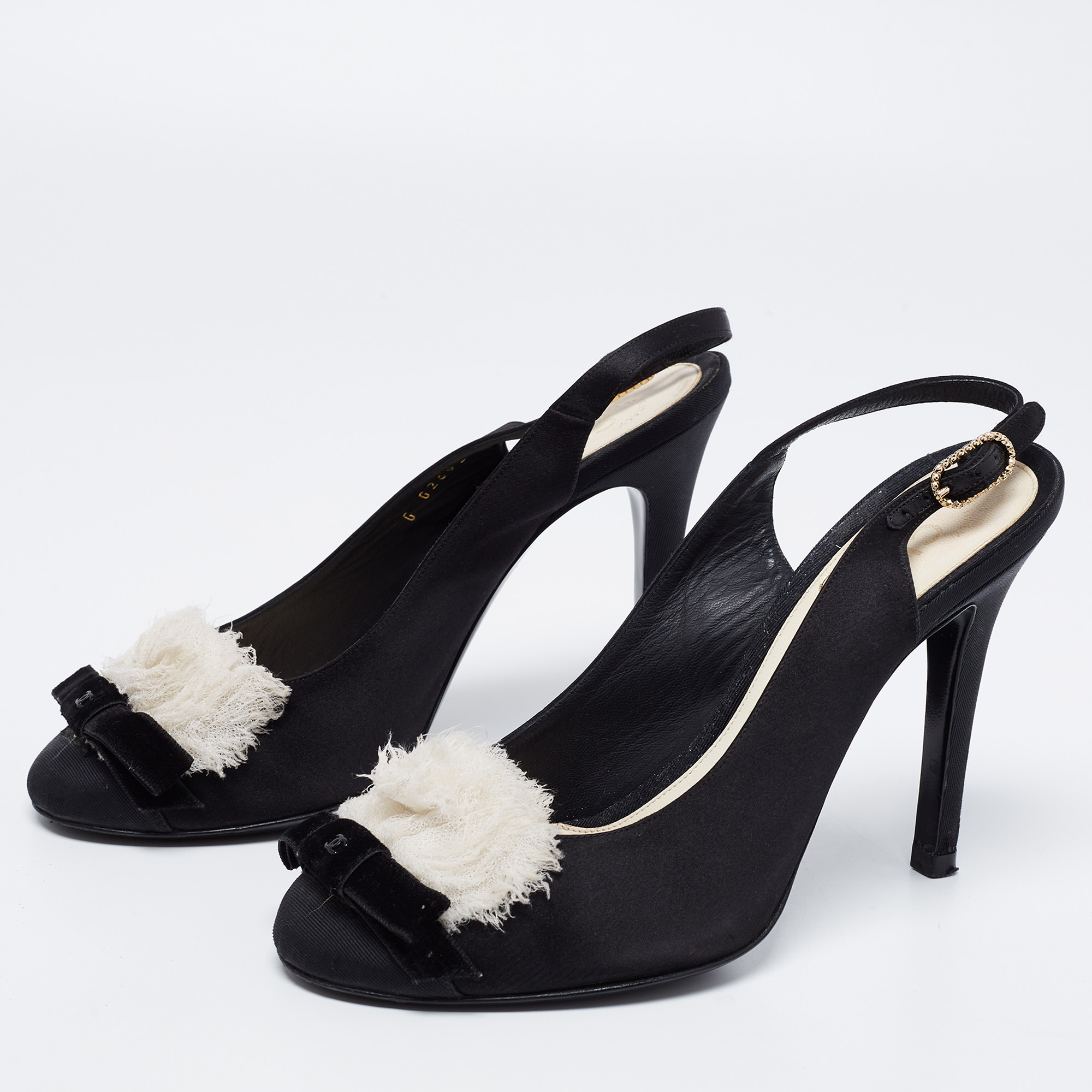 

Chanel Black Satin and Fabric CC Bow Slingback Pumps Size