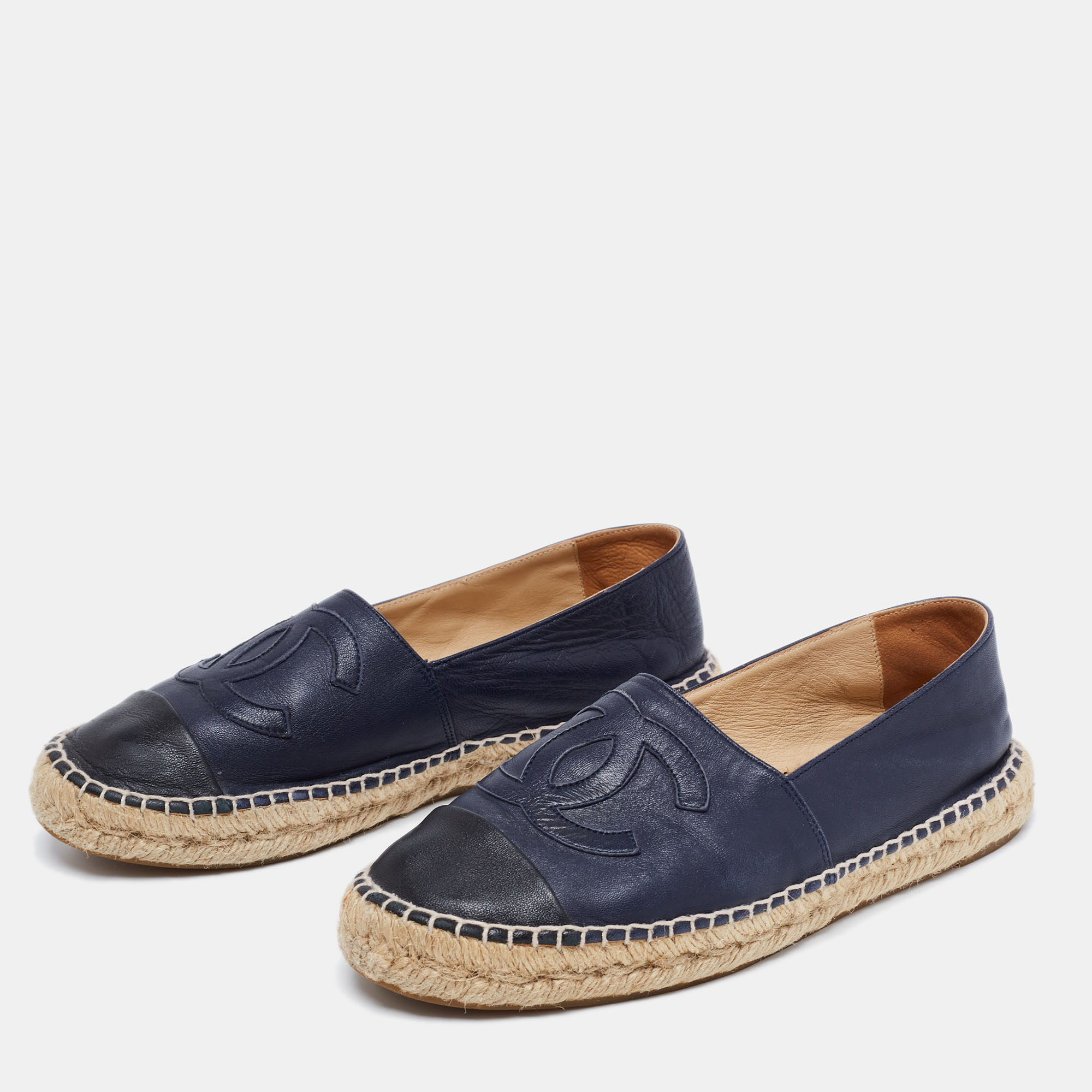 

Chanel Navy Blue Leather CC Cap Toe Espadrilles Flats Size