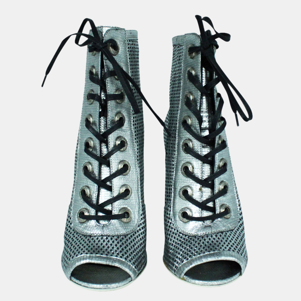 

Chanel Silver Leather Lace-up Boots Size EU