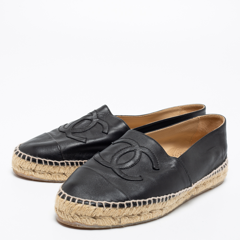 

Chanel Black Leather CC Cap-Toe Flat Espadrilles Size