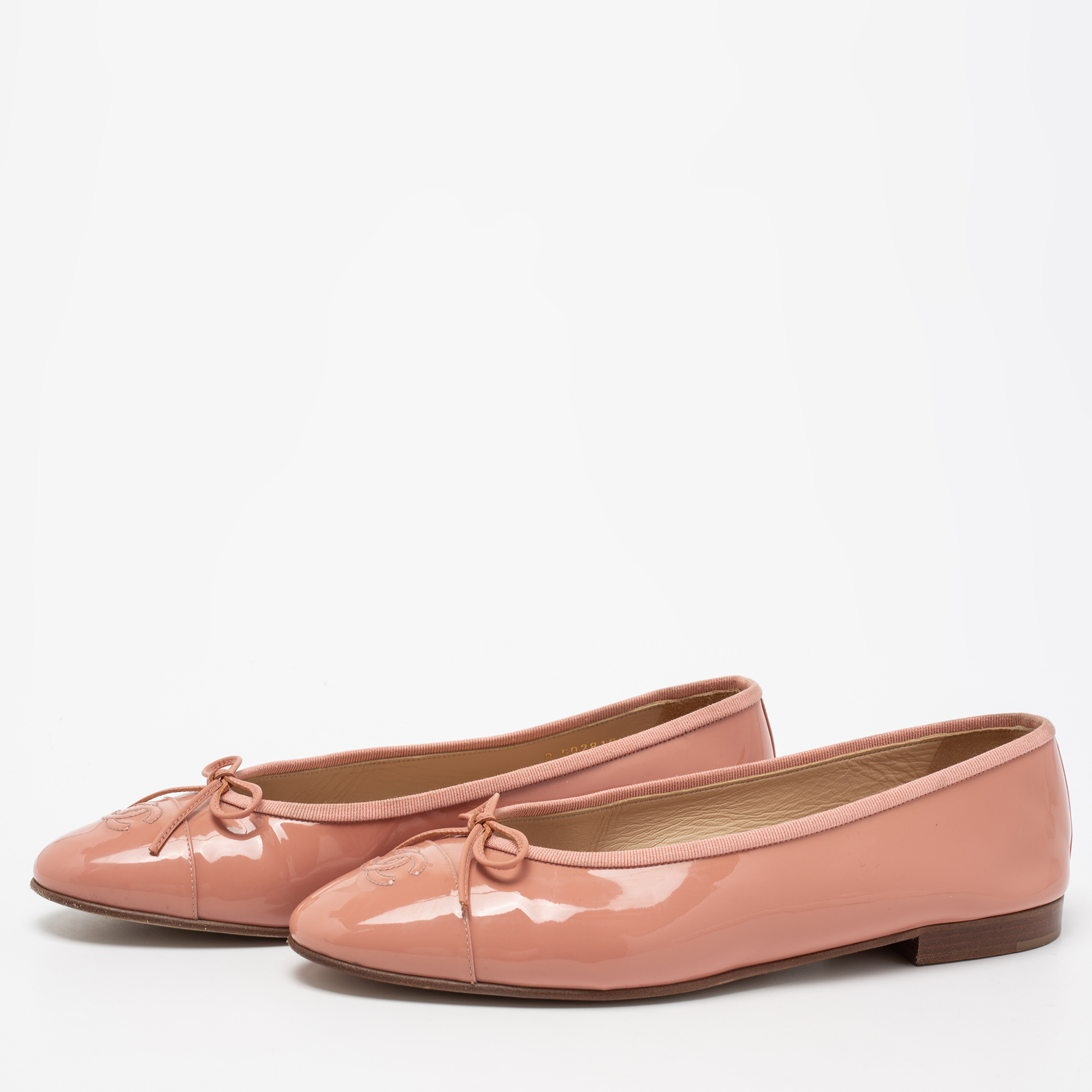 

Chanel Pink Patent Leather CC Cap Toe Bow Ballet Flats Size