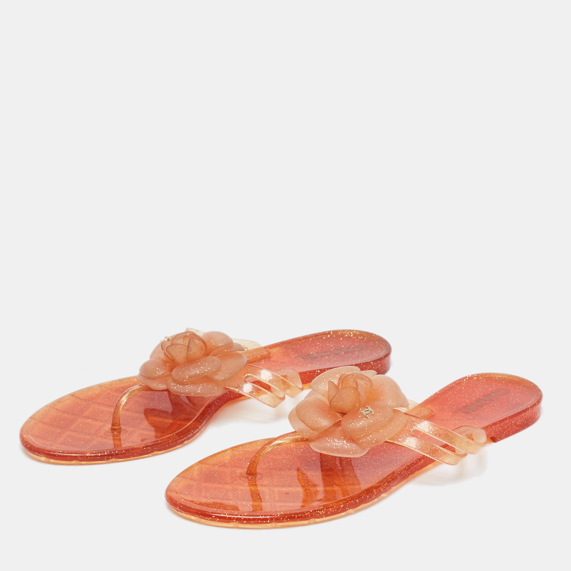 

Chanel Orange Jelly Camellia Thong Flats Size