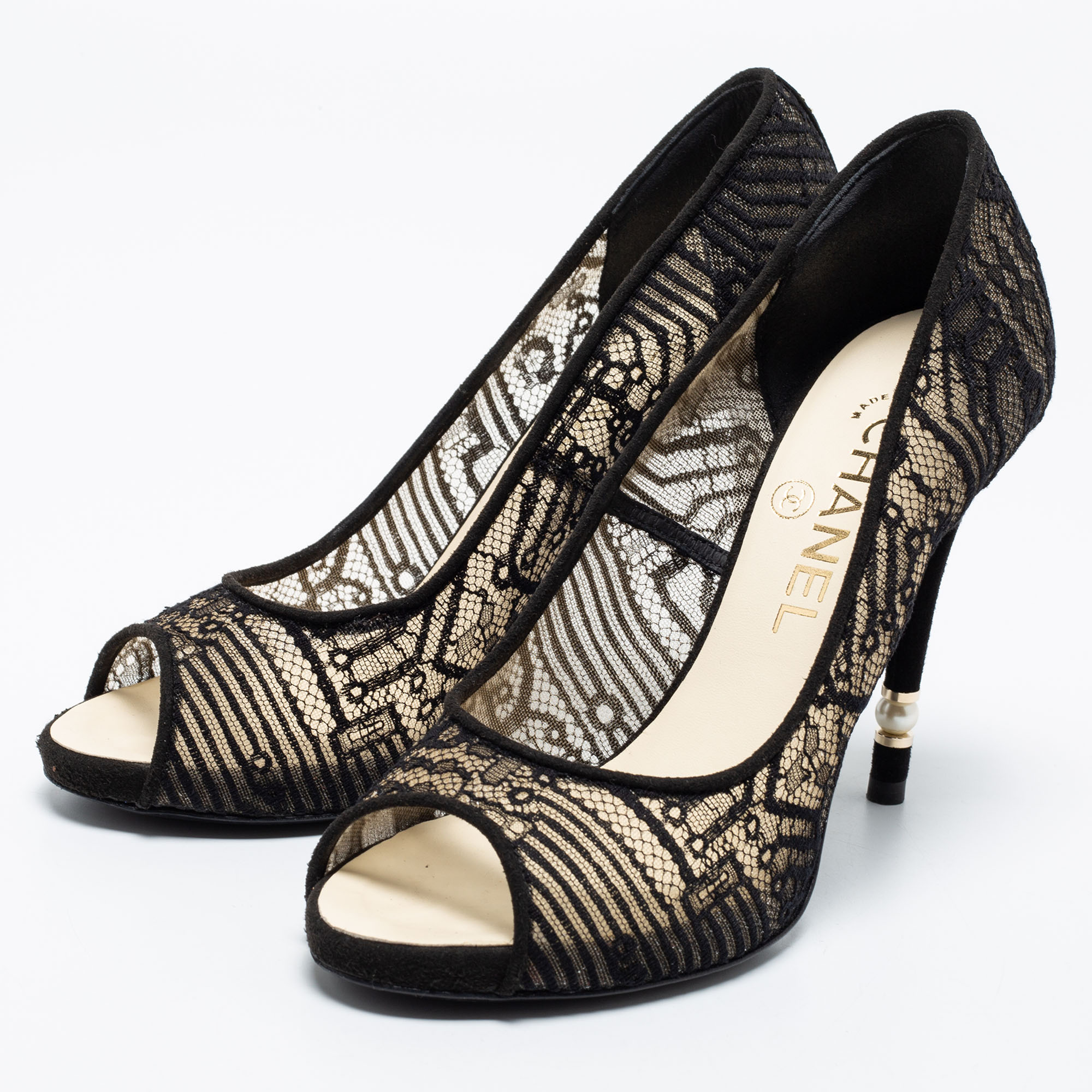 

Chanel Black Lace And Mesh CC Peep Toe Pumps Size