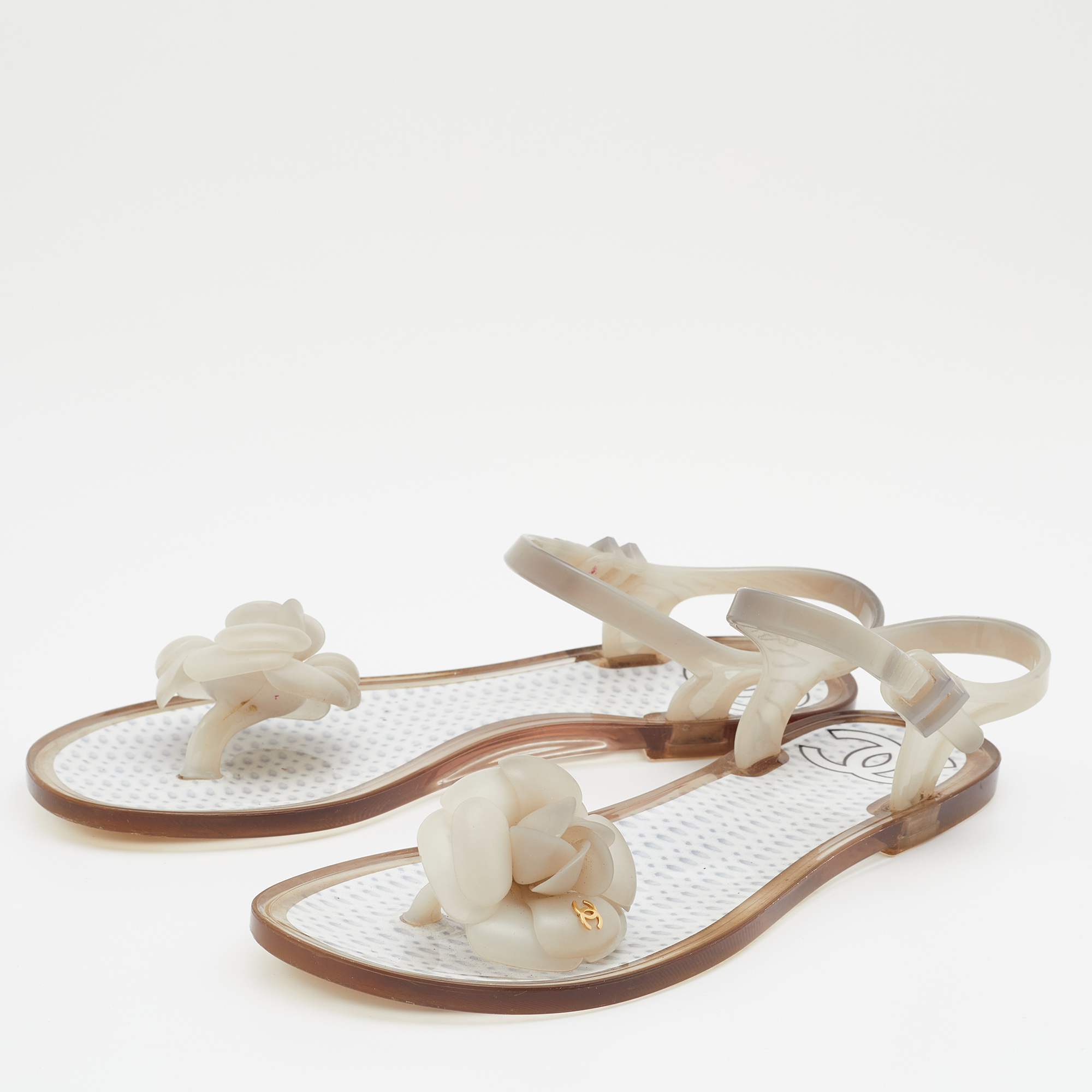 

Chanel Grey Jelly Camellia Ankle Strap Thong Flat Sandals Size