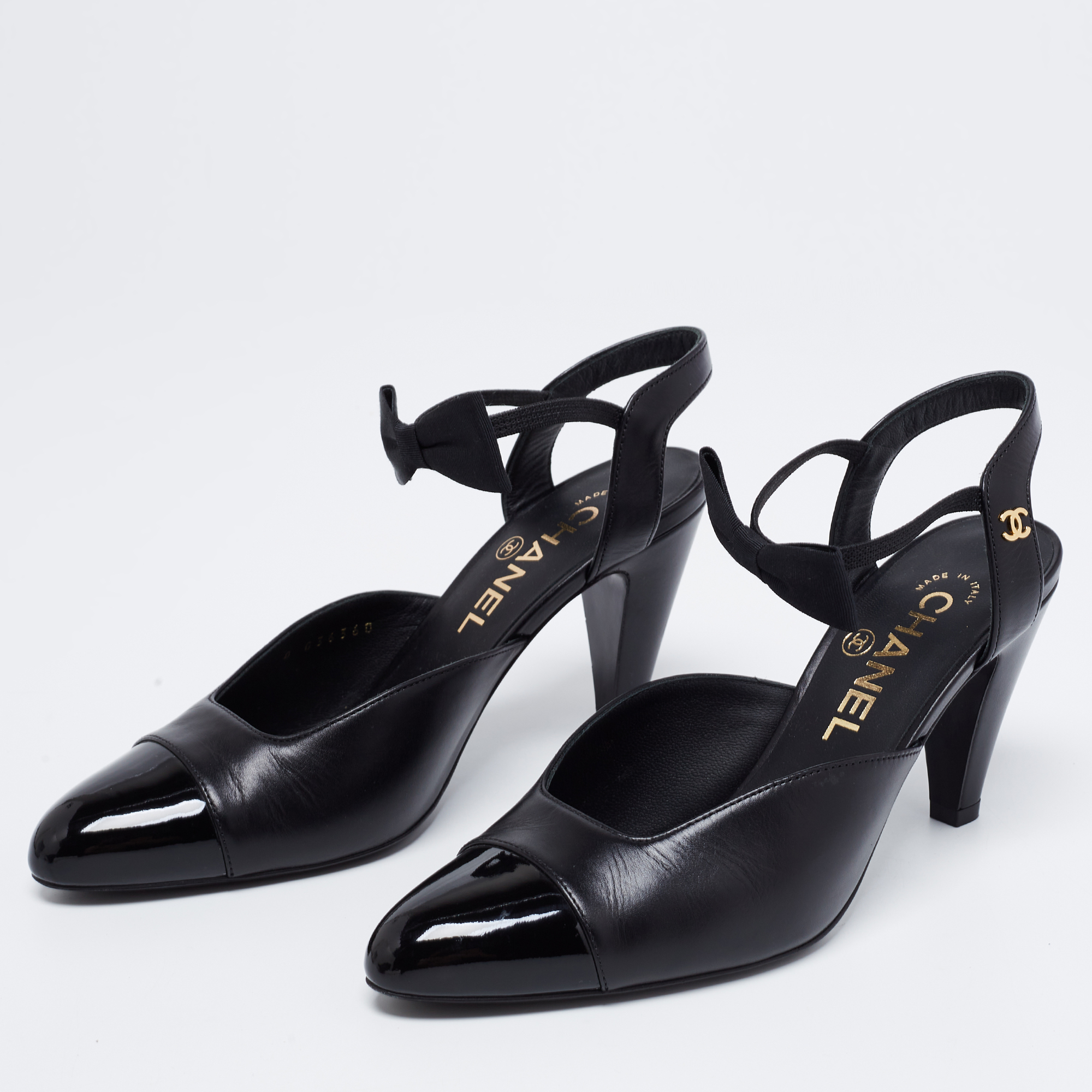 

Chanel Black Patent and Leather Bow Ankle Strap Pumps Size