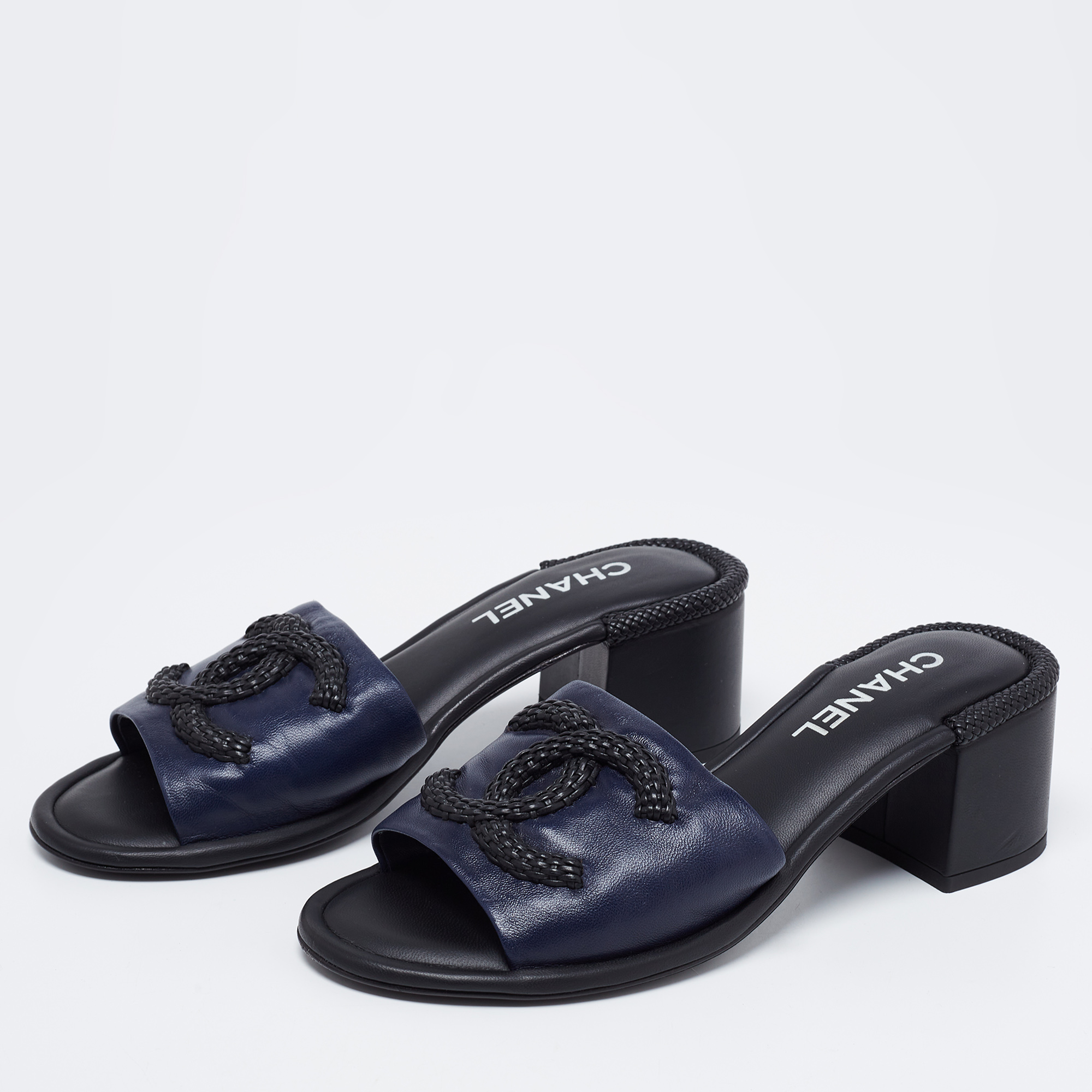 

Chanel Dark Blue Leather Woven CC Slide Sandals Size