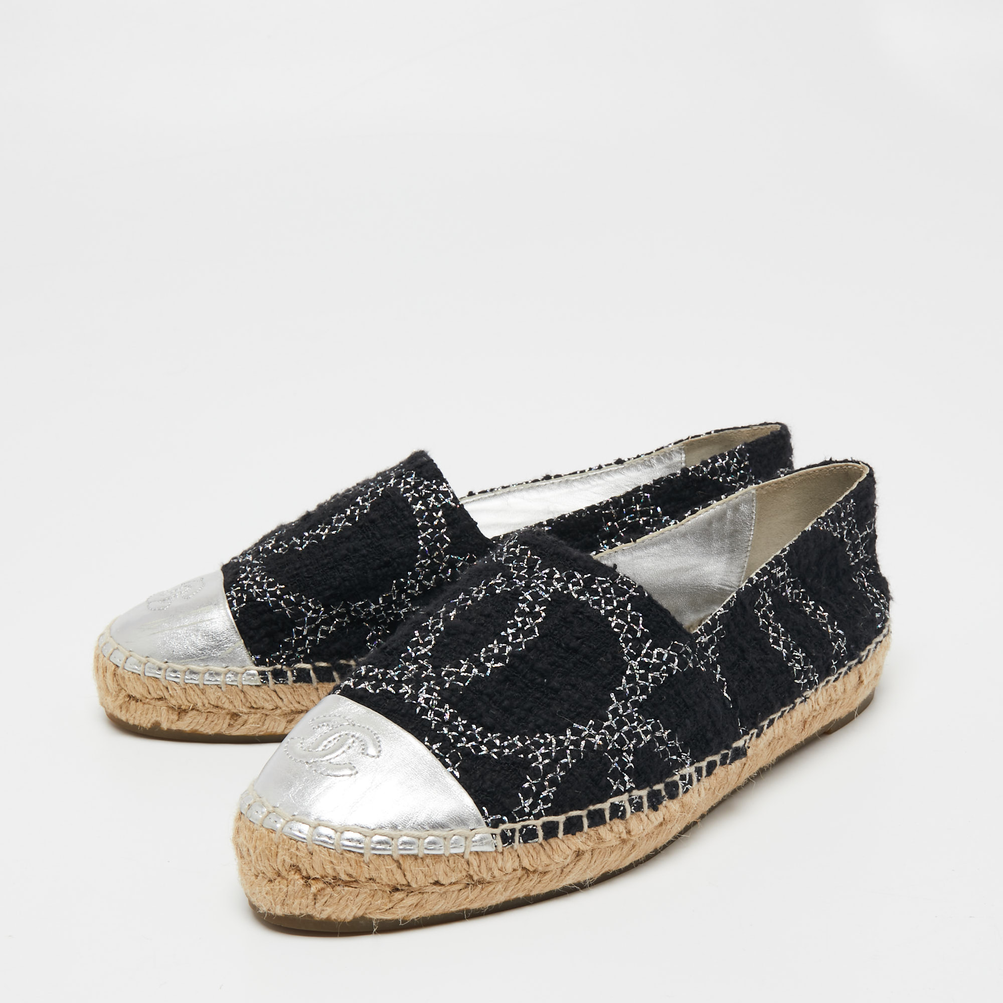 

Chanel Black/Silver Tweed and Leather CC Cap Toe Espadrille Flats Size