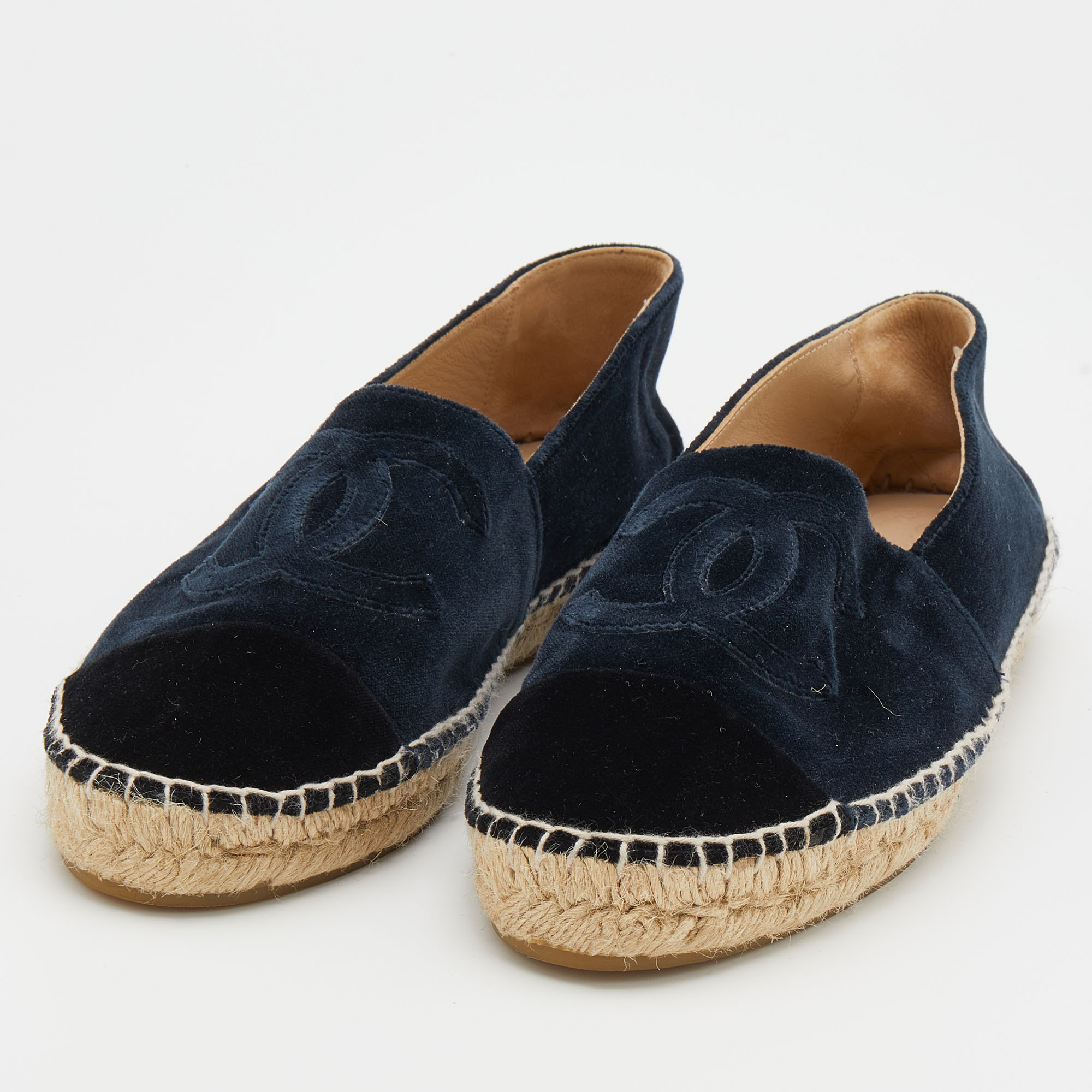 

Chanel Navy Blue Velvet CC Cap Toe Espadrille Flats Size