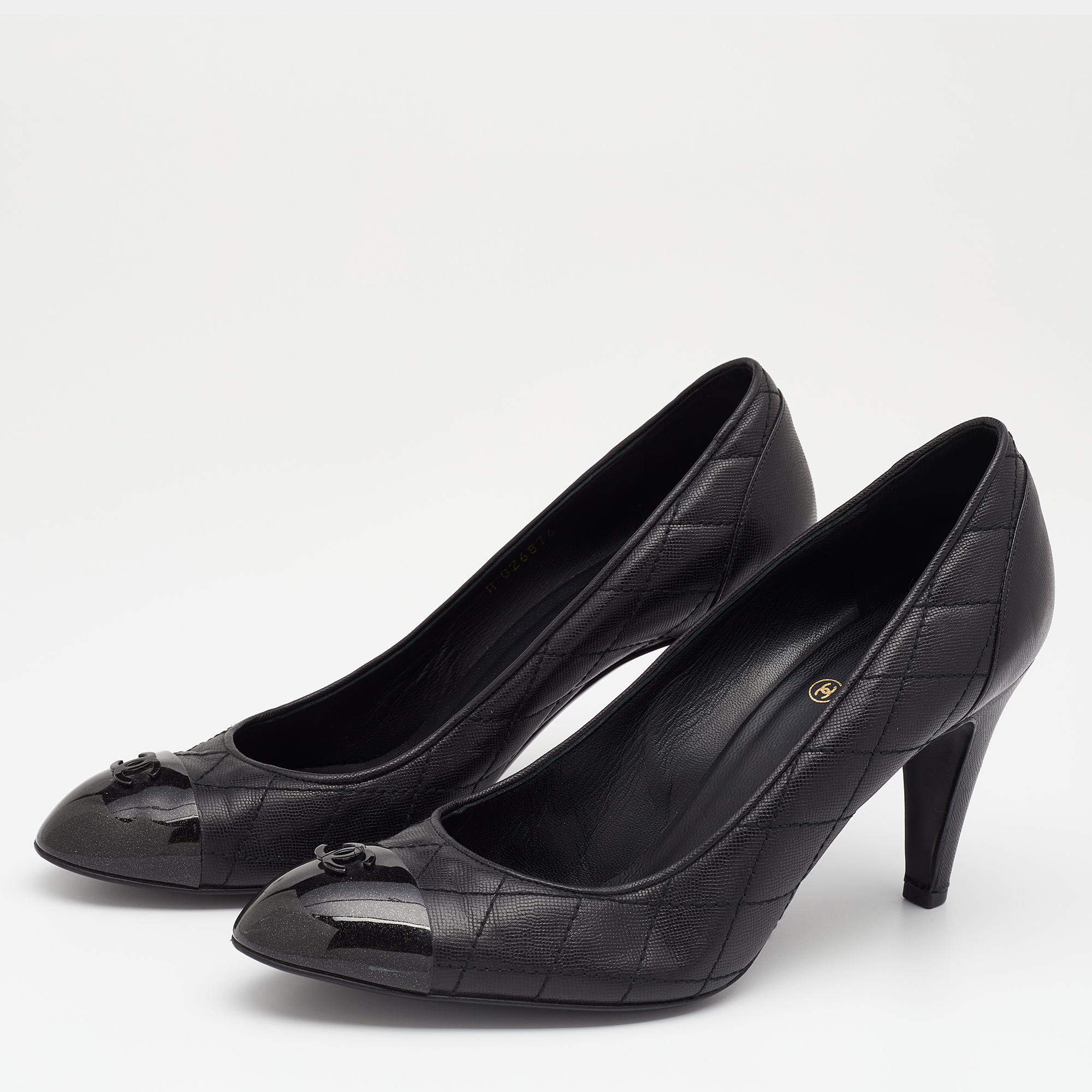

Chanel Black Leather CC Metal Cap Toe Pumps Size