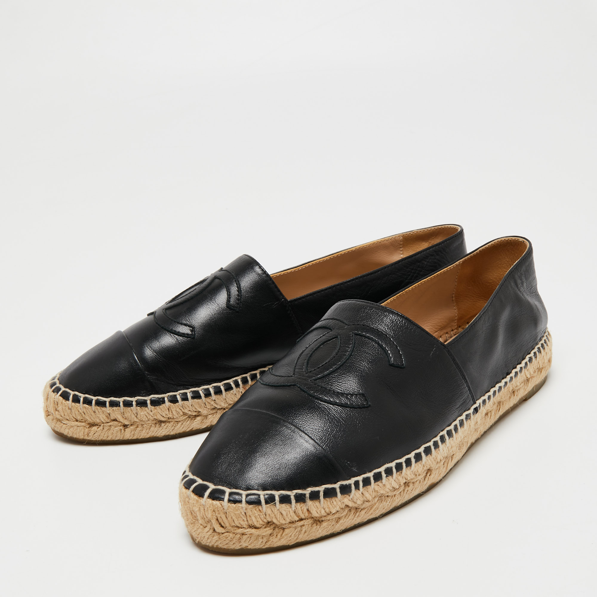 

Chanel Black Leather CC Cap Toe Slip On Espadrille Flats Size