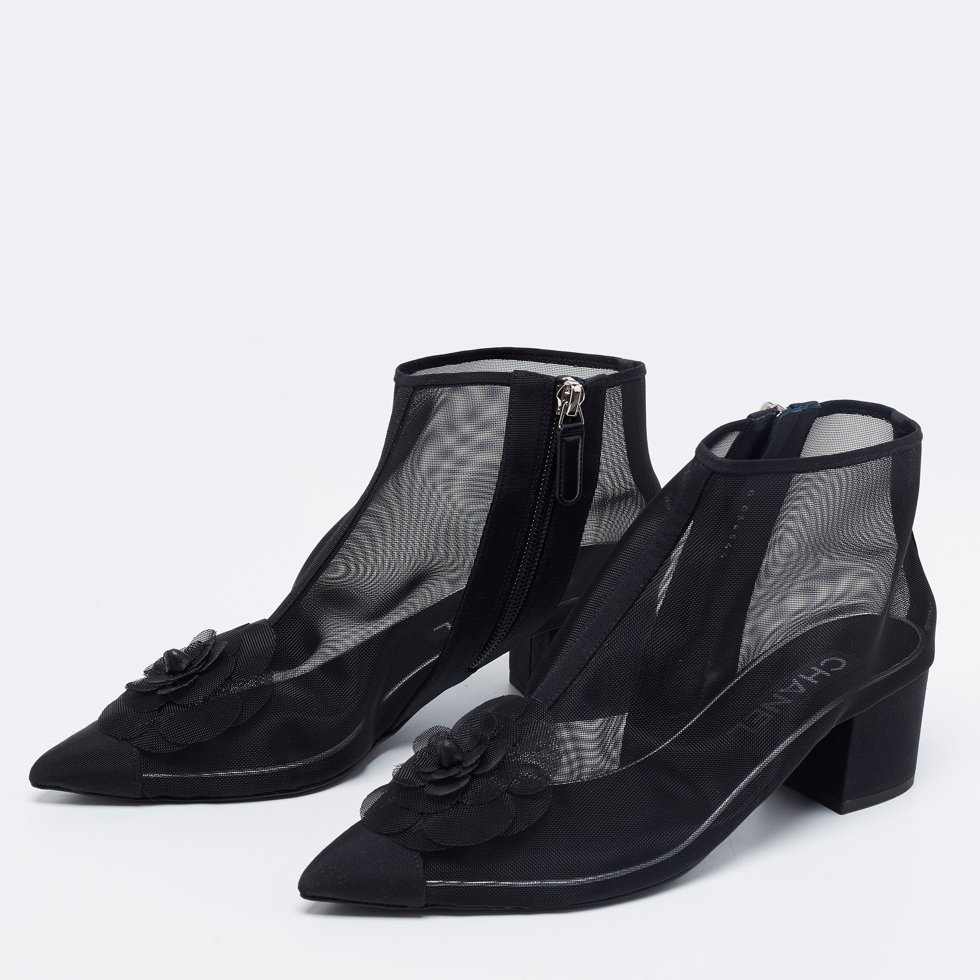 

Chanel Black Mesh and Fabric Camellia Ankle Boots Size