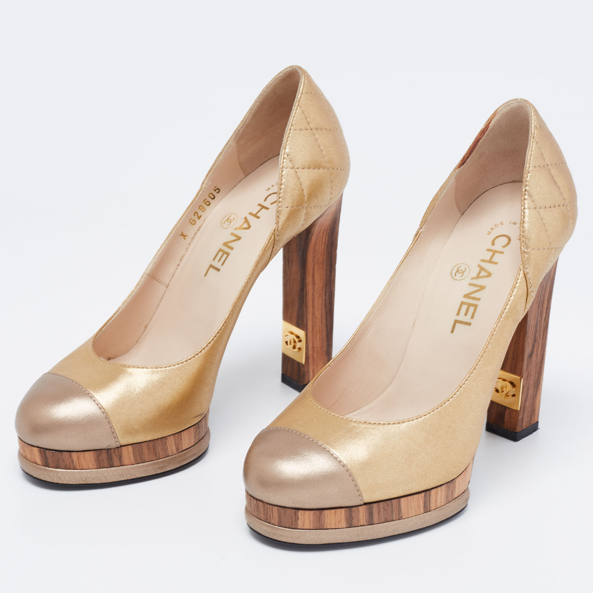 

Chanel Gold Quilted Leather Cap Toe Platform Block Heel Pumps Size