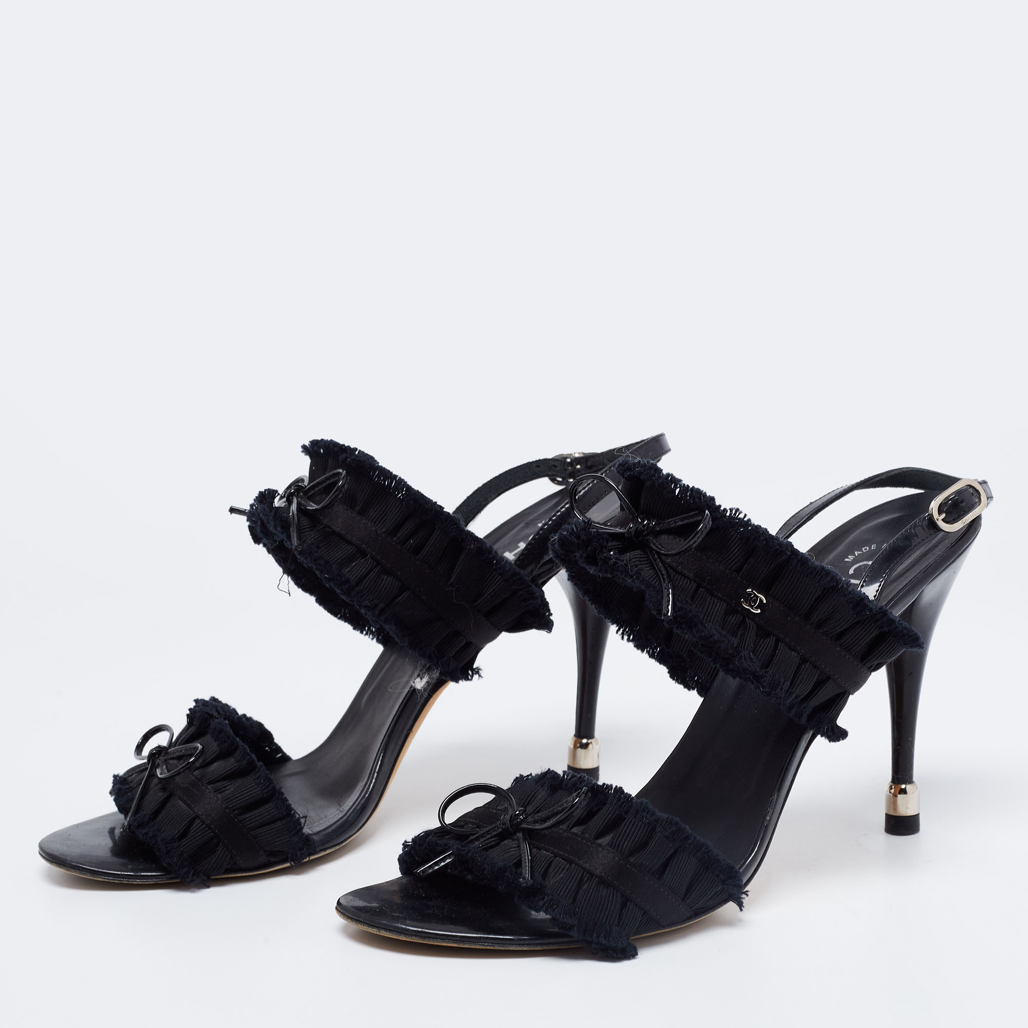 

Chanel Black Satin and Fabric Ruffle Trim Bow Ankle Strap Sandals Size