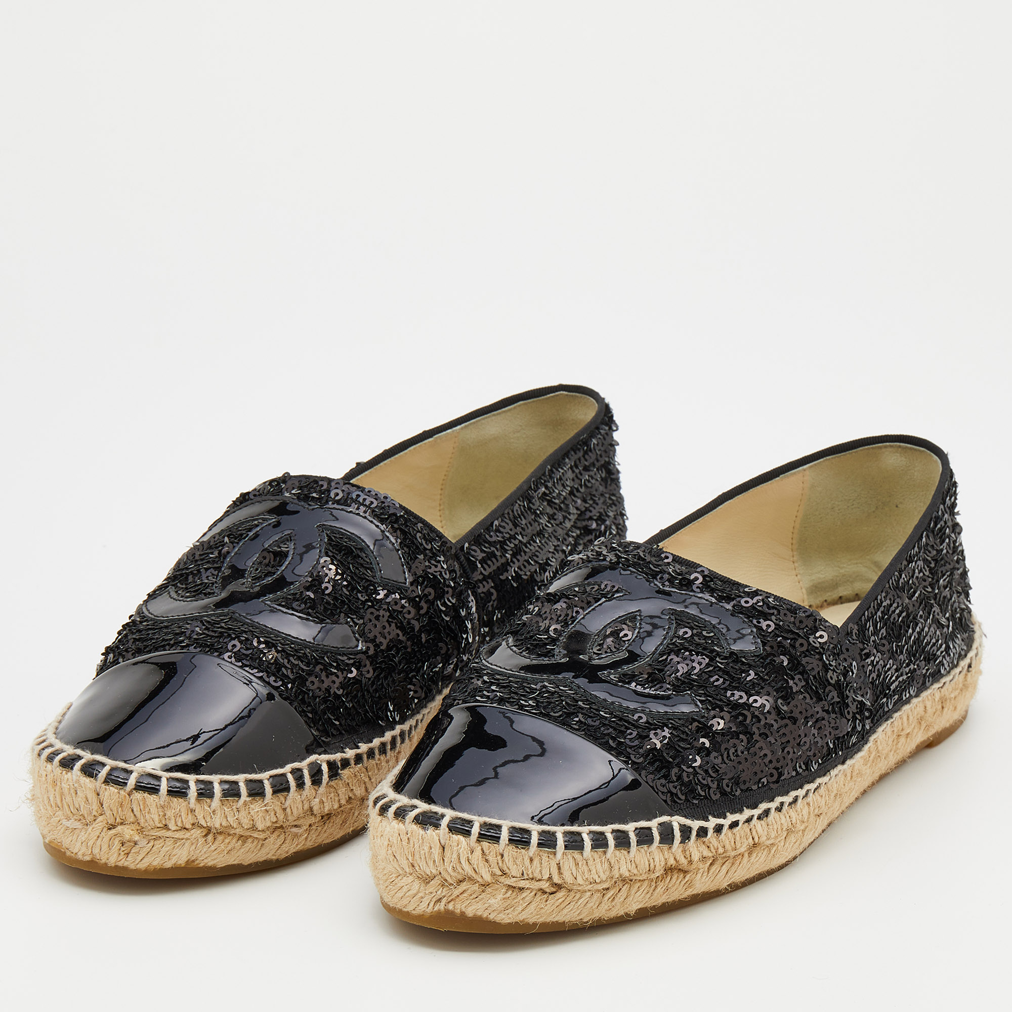 

Chanel Black Sequin and Patent Leather CC Espadrilles Size