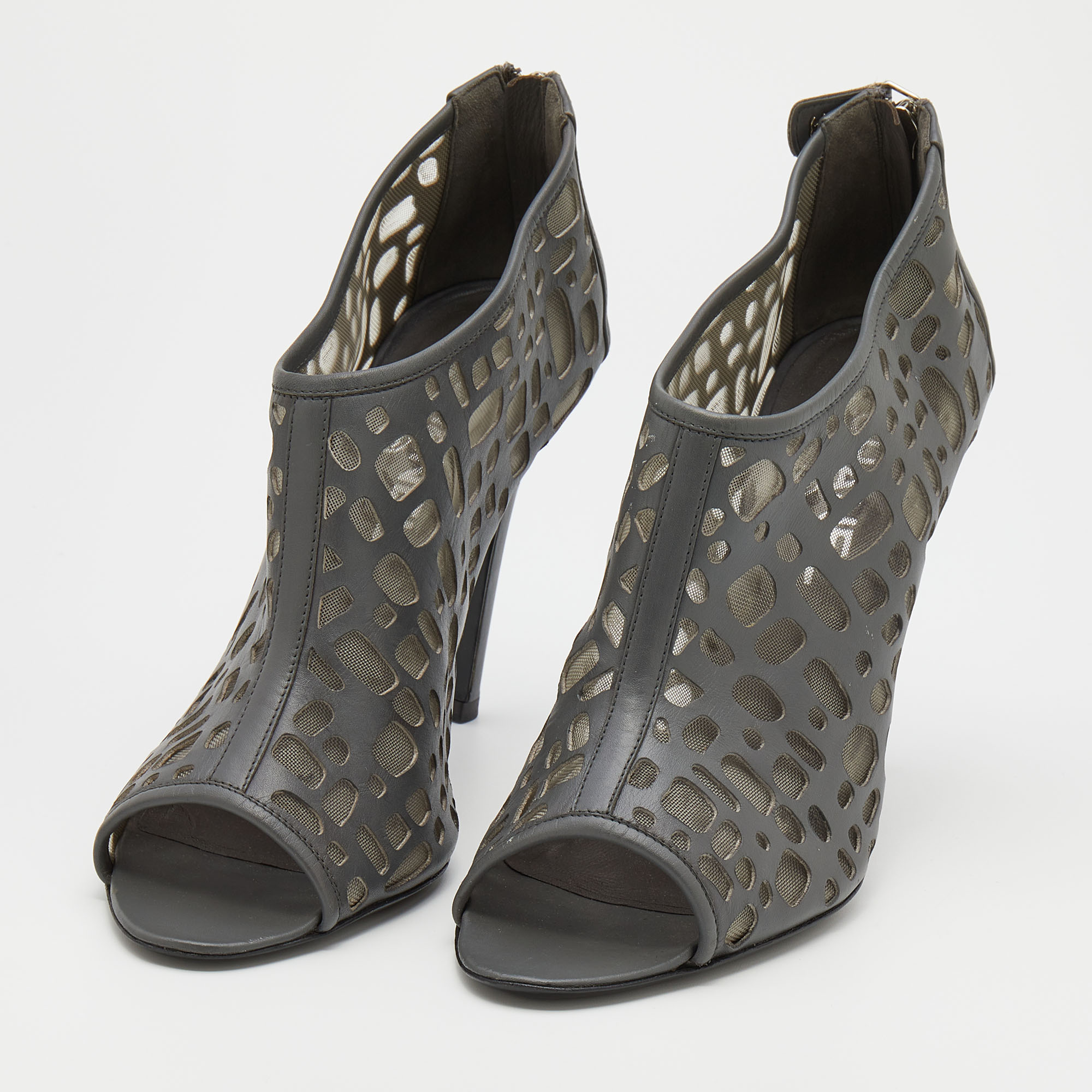 

Chanel Grey Laser Cut Leather and Mesh Booties Size