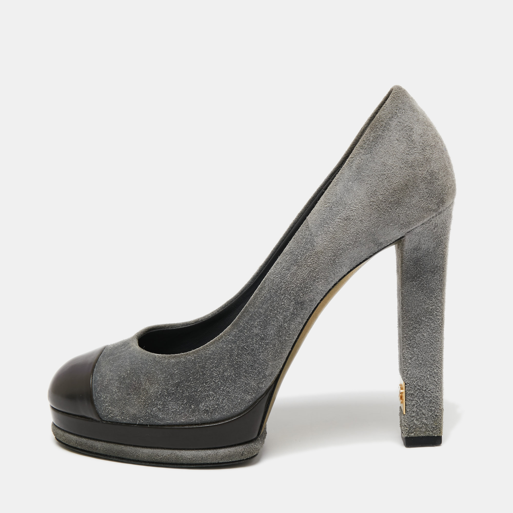 

Chanel Grey/Dark Brown Suede and Leather Cap Toe Platform Pumps Size