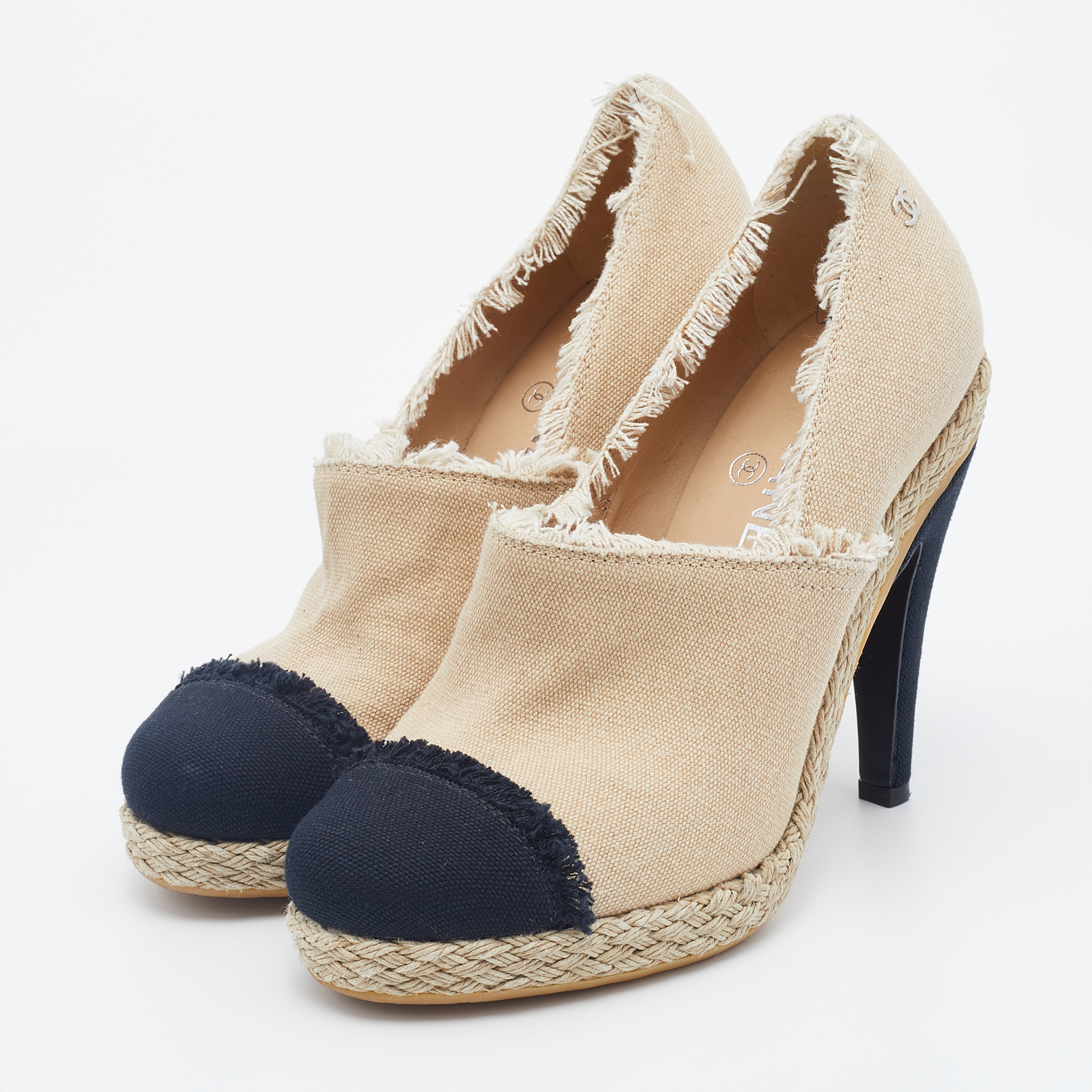 

Chanel Beige/Black Canvas CC Cap Toe Espadrille Booties Size