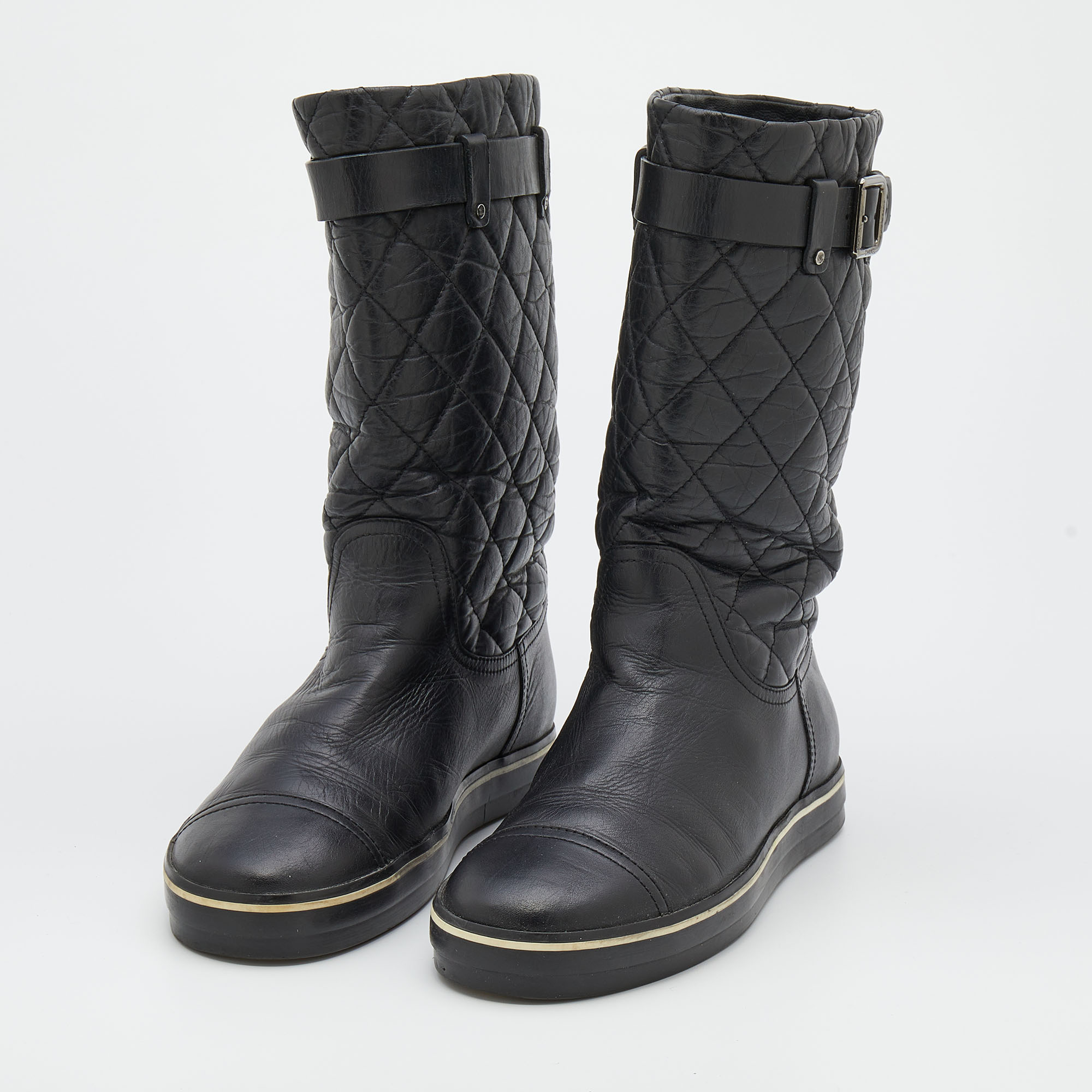 

Chanel Black Quilted Leather Mid Calf Length Boots Size