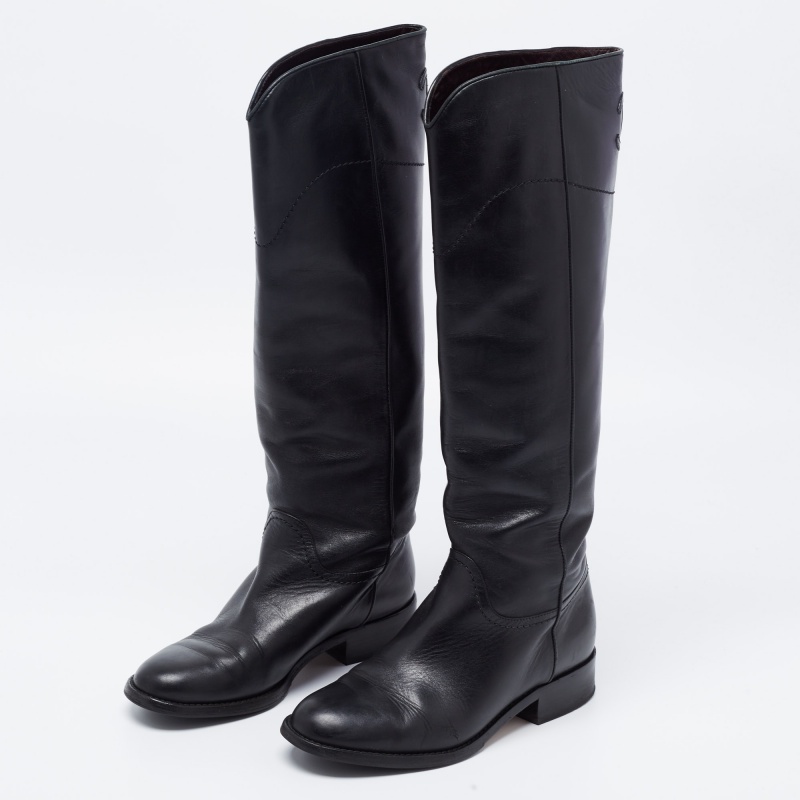 

Chanel Black Leather Interlocking CC Logo Riding Midcalf Boots Size