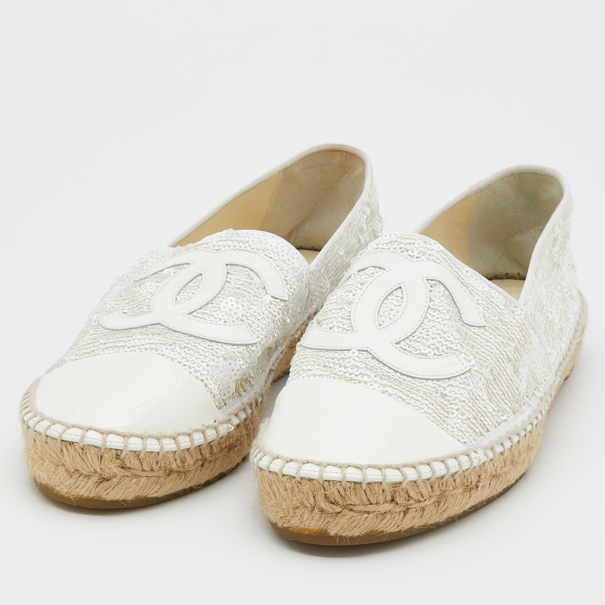 

Chanel White Sequins And Patent Leather CC Cap Toe Espadrille Flats Size