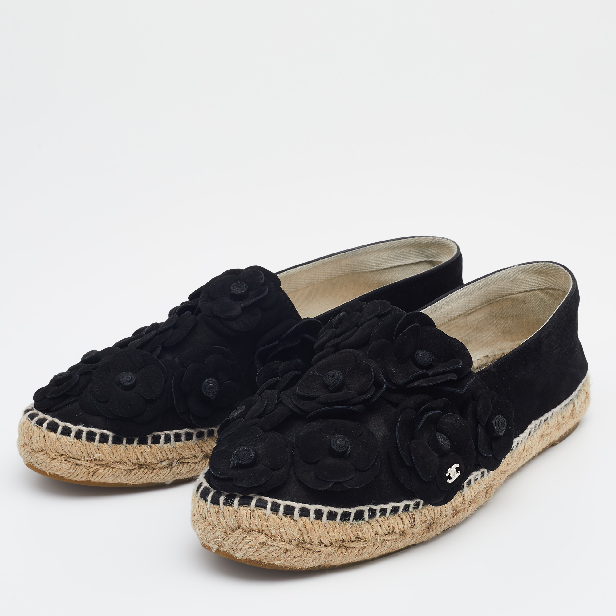 

Chanel Black Nubuck Leather CC Camelia Applique Espadrille Flats Size