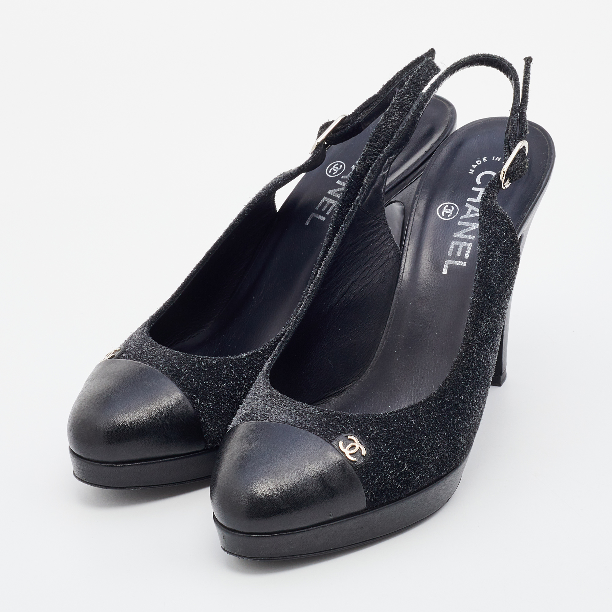 

Chanel Black Suede And Leather CC Cap Toe Slingback Platform Pumps Size