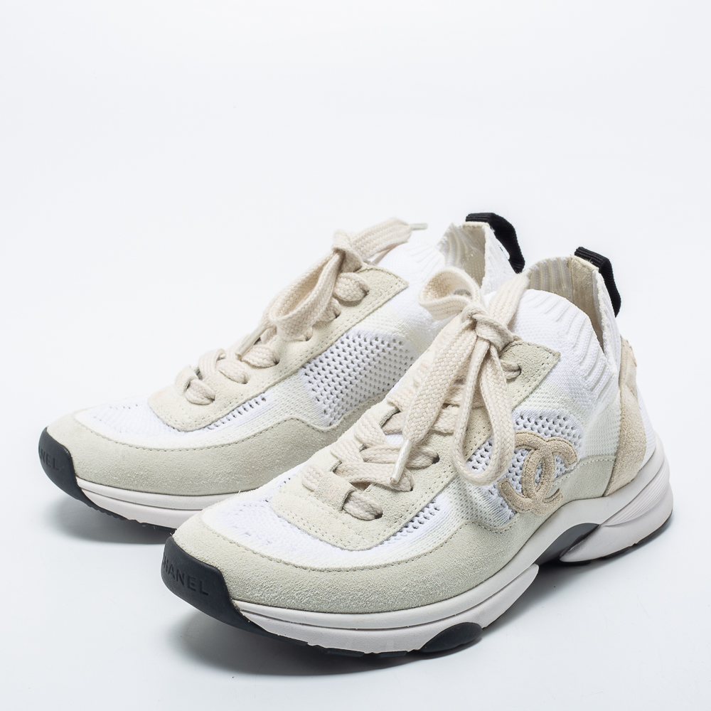 

Chanel White Knit Fabric And Suede CC Lace Up Sneakers Size
