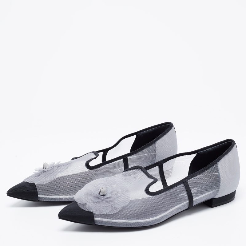 

Chanel Grey/Black Fabric And Mesh Camellia Flats Size