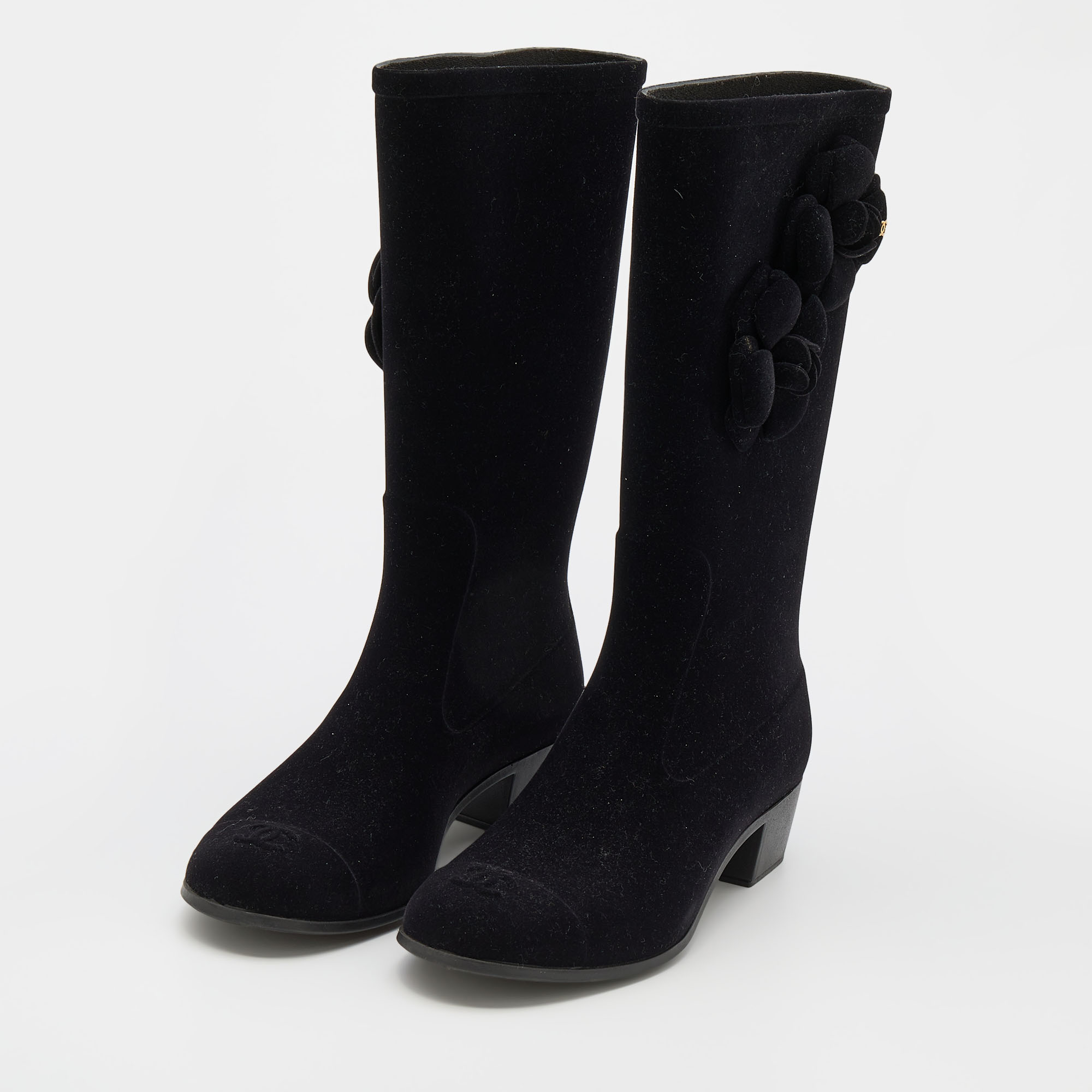 

Chanel Black Velvet Camellia Calf Length Boots Size